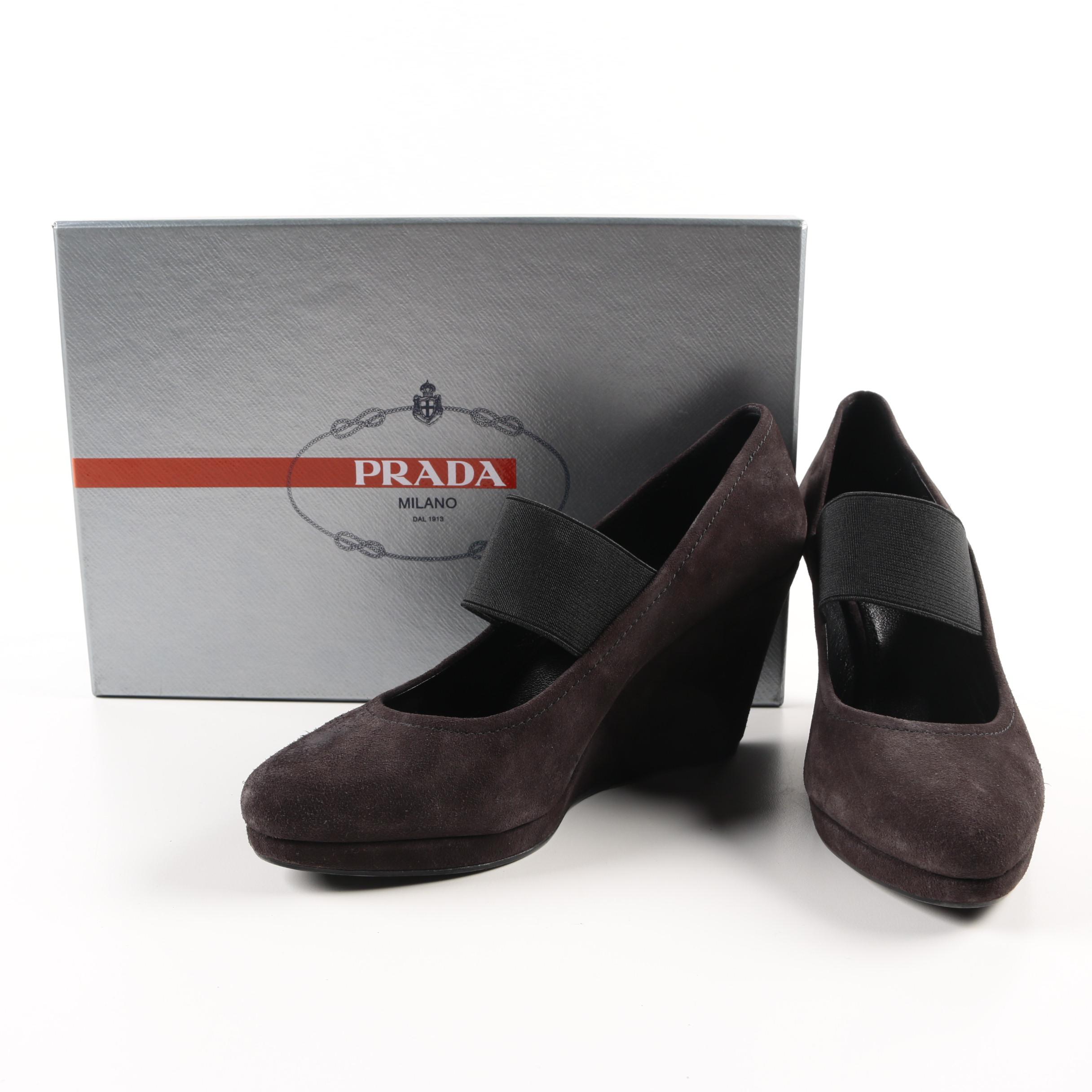 Prada Brown Suede Wedge Pumps