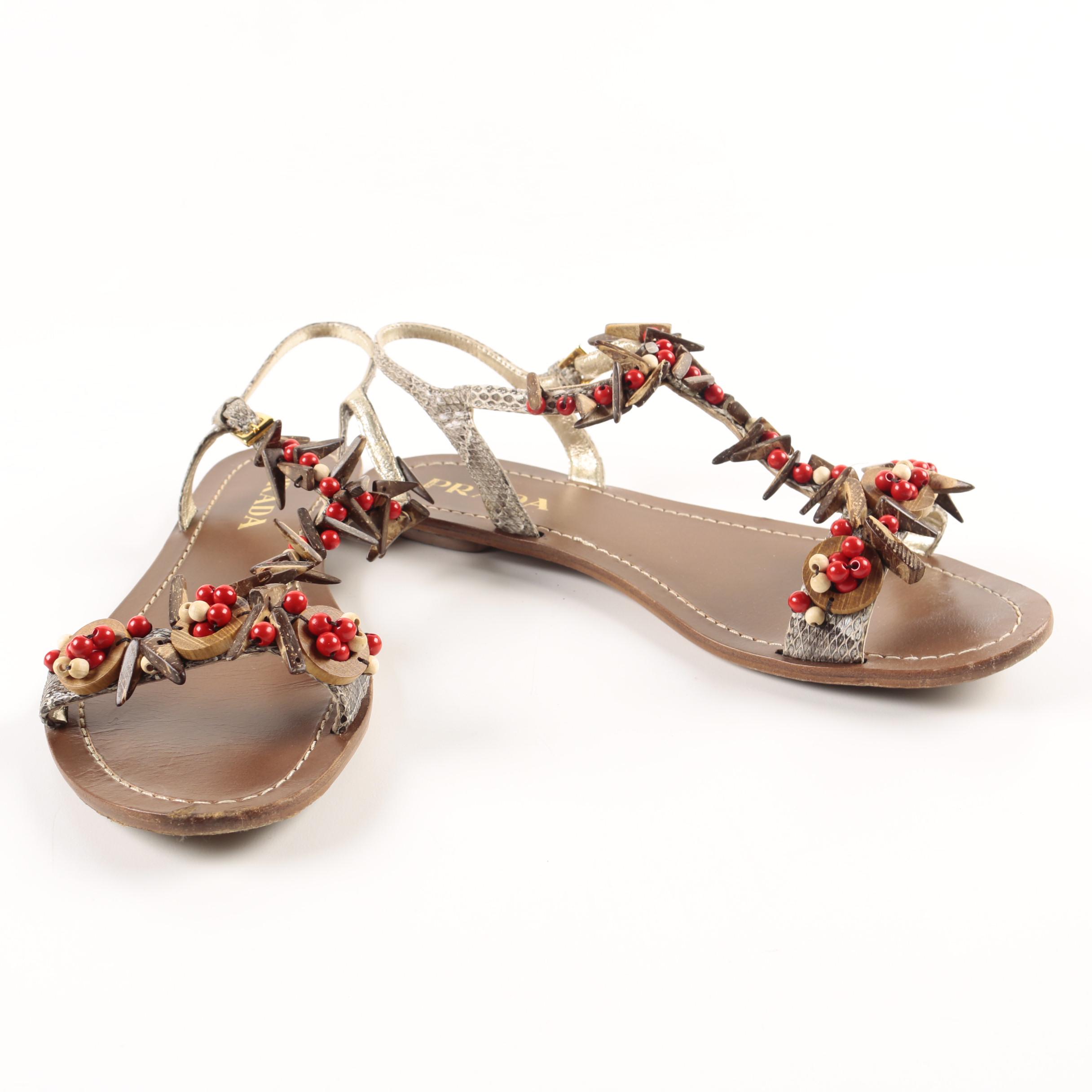 Prada Snakeskin and Wooden Bead Sandals
