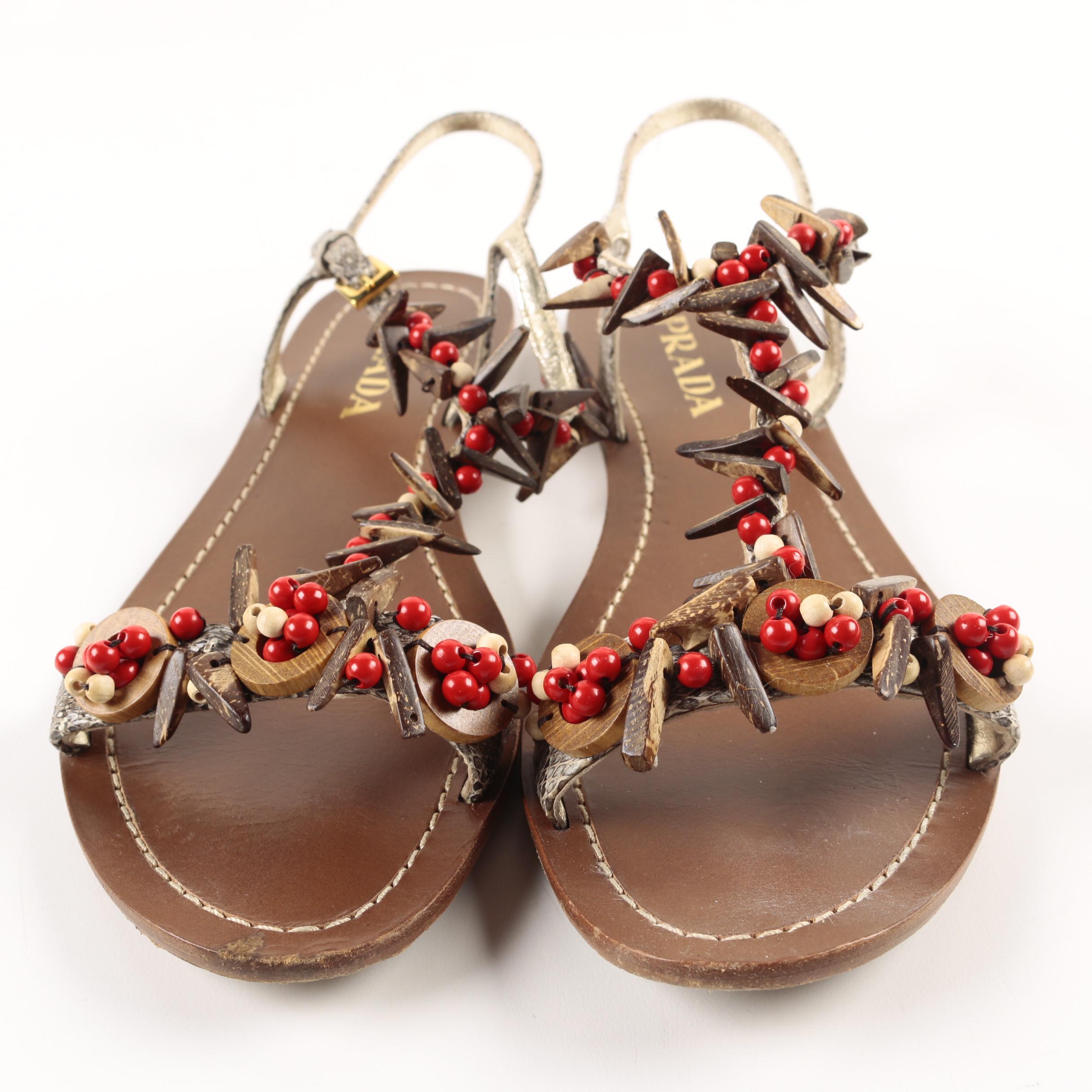 Prada Snakeskin and Wooden Bead Sandals