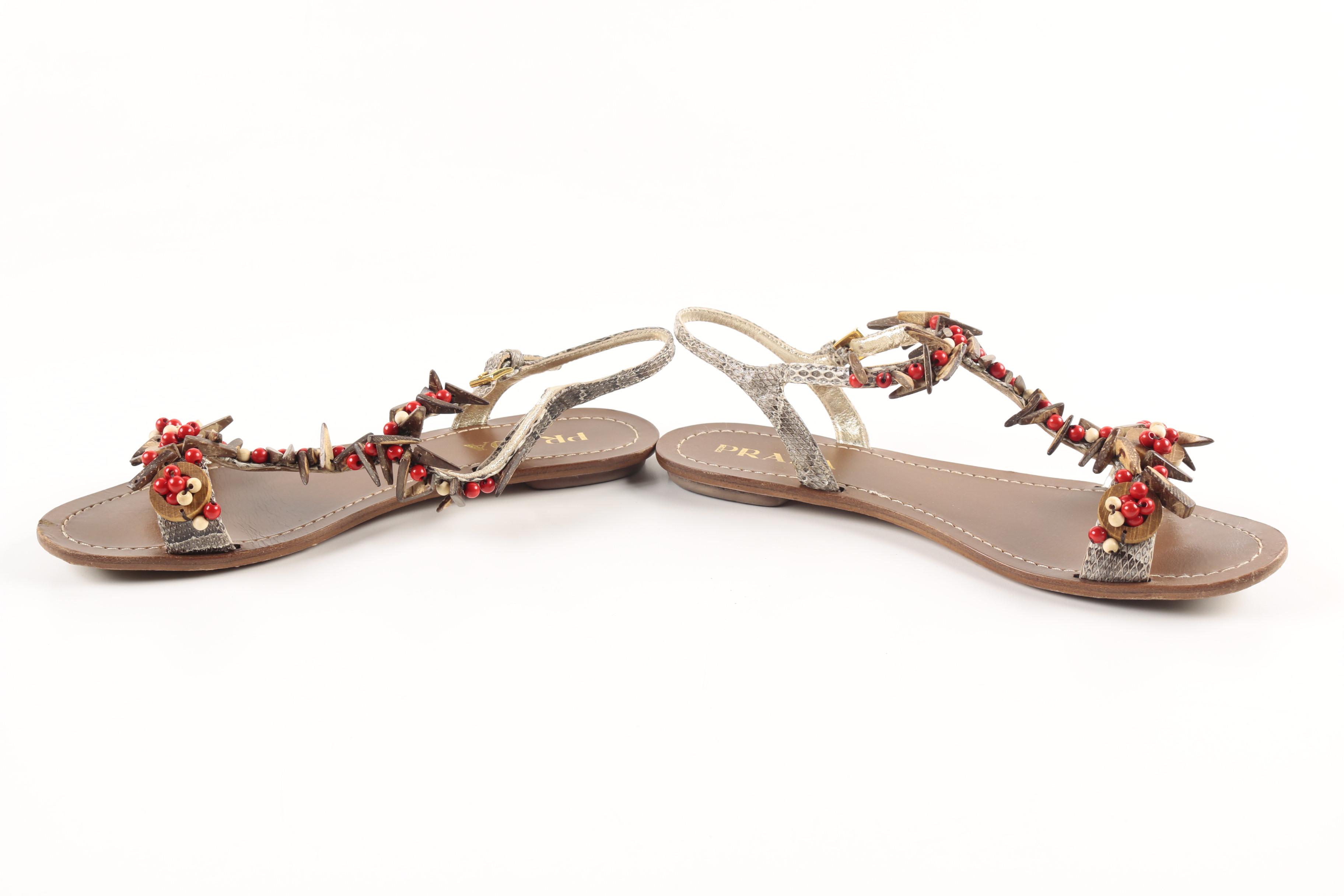 Prada Snakeskin and Wooden Bead Sandals