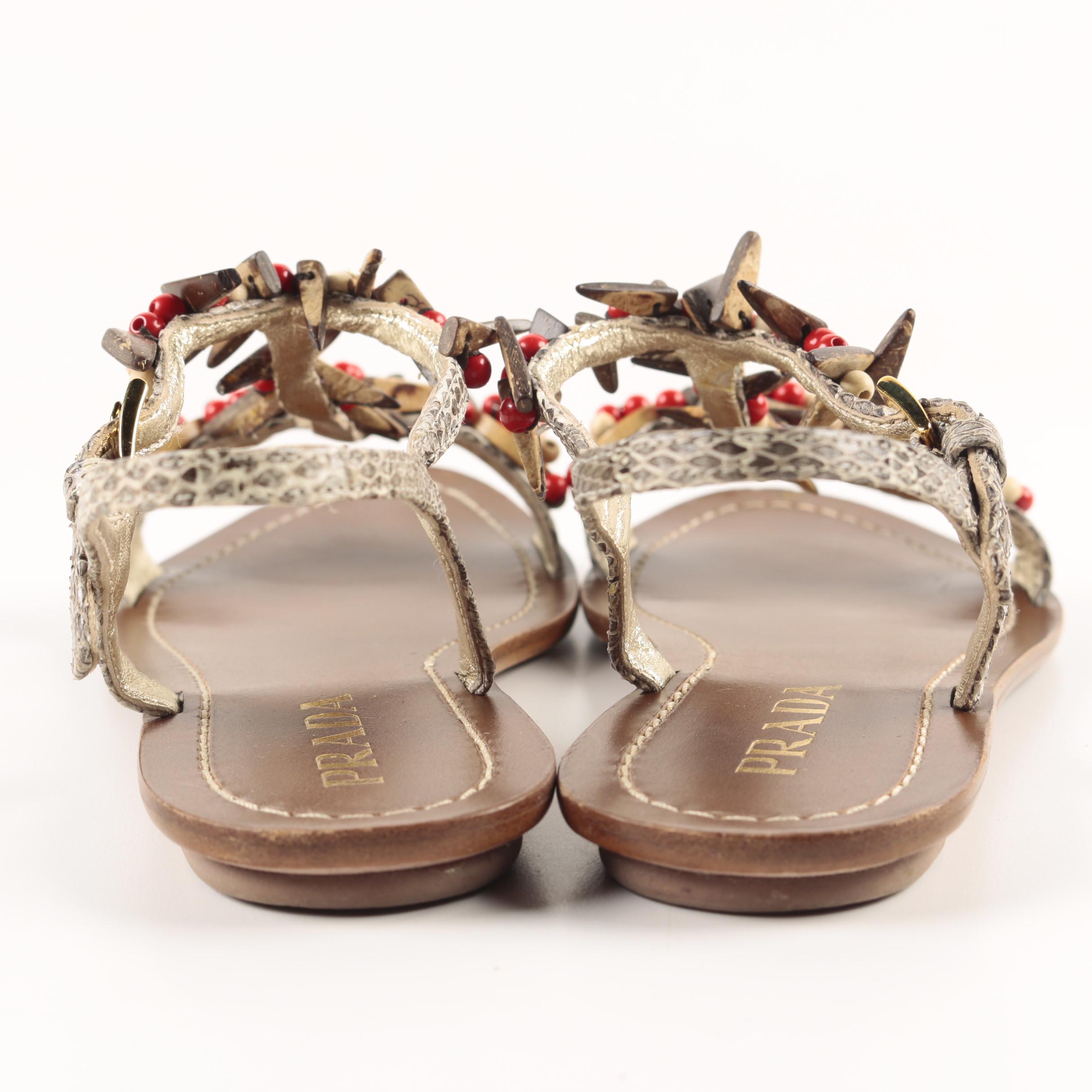 Prada Snakeskin and Wooden Bead Sandals