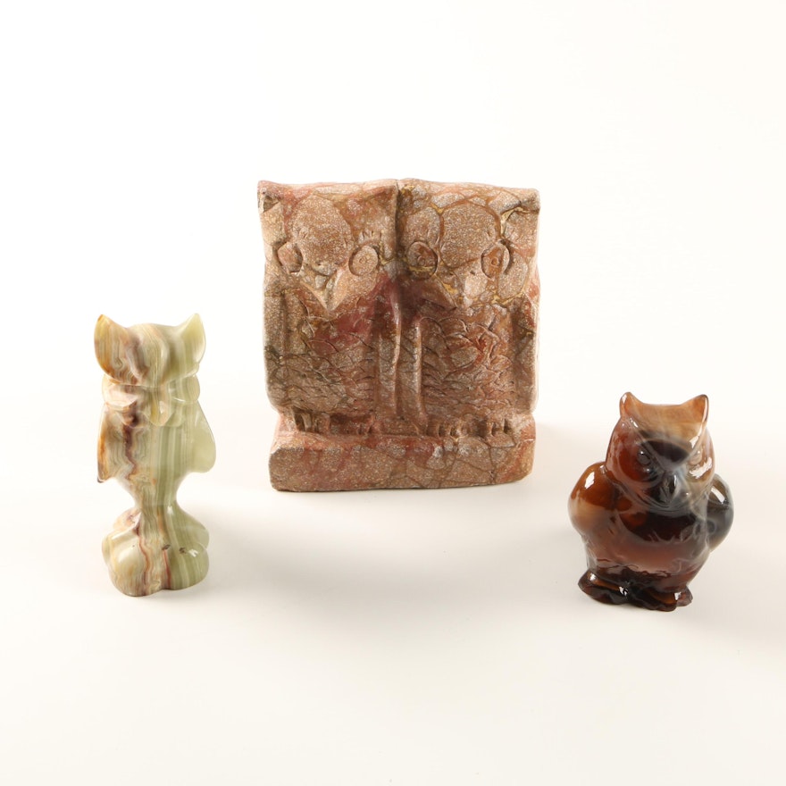 Banded Calcite, Glass, and Soapstone Owl Figurines