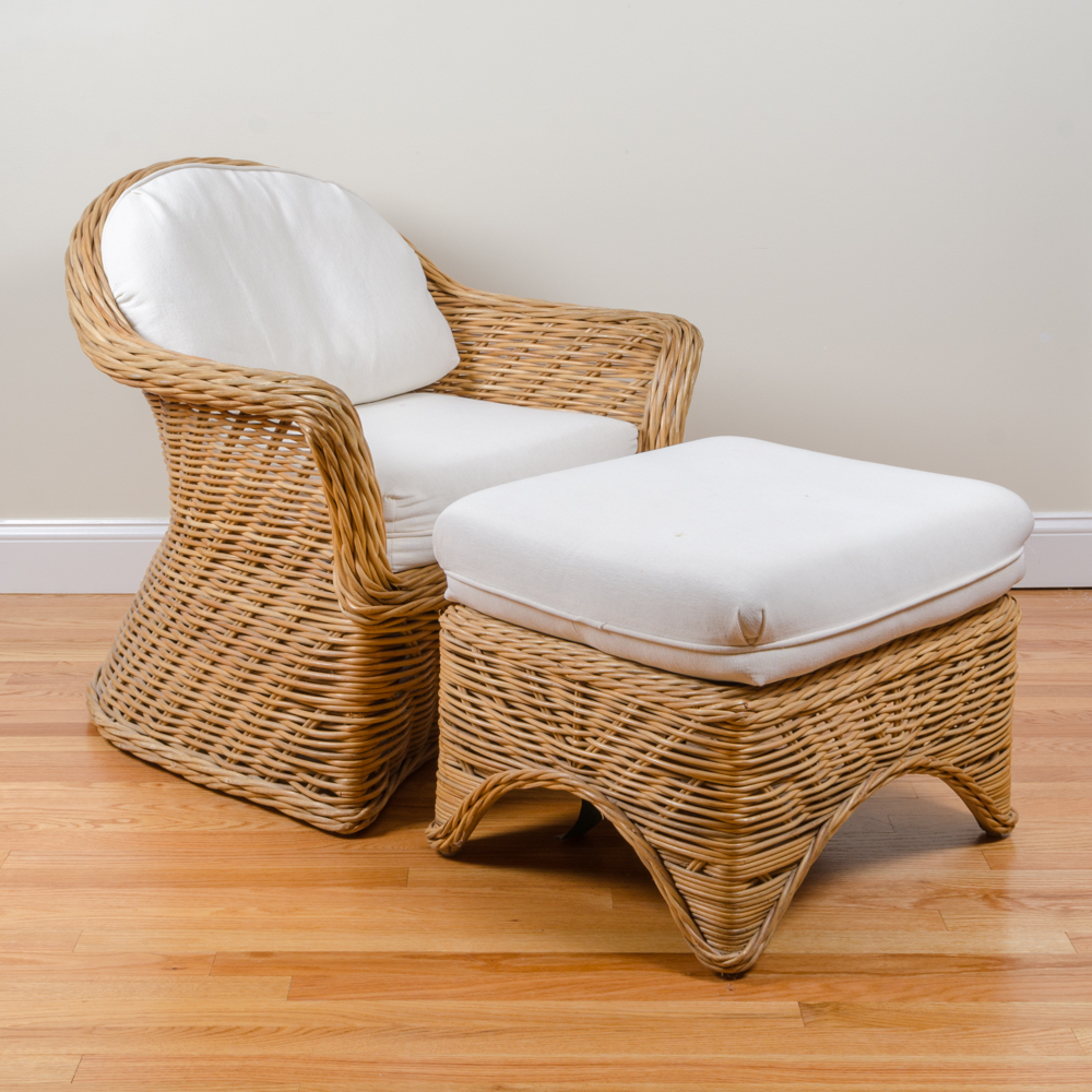Wicker Chair with Ottoman and Cushions