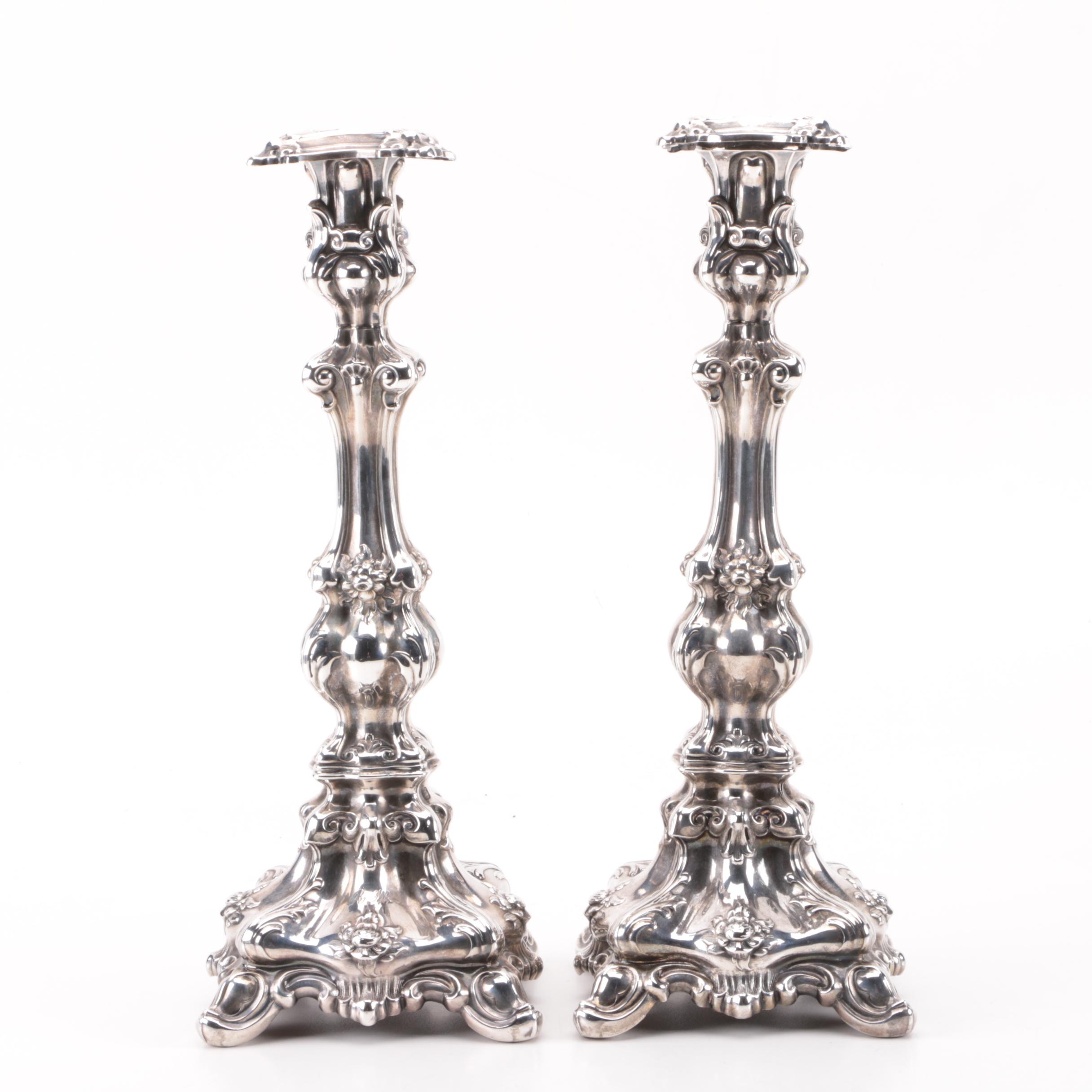 Ornate Rococo Style 880 Silver Candlesticks