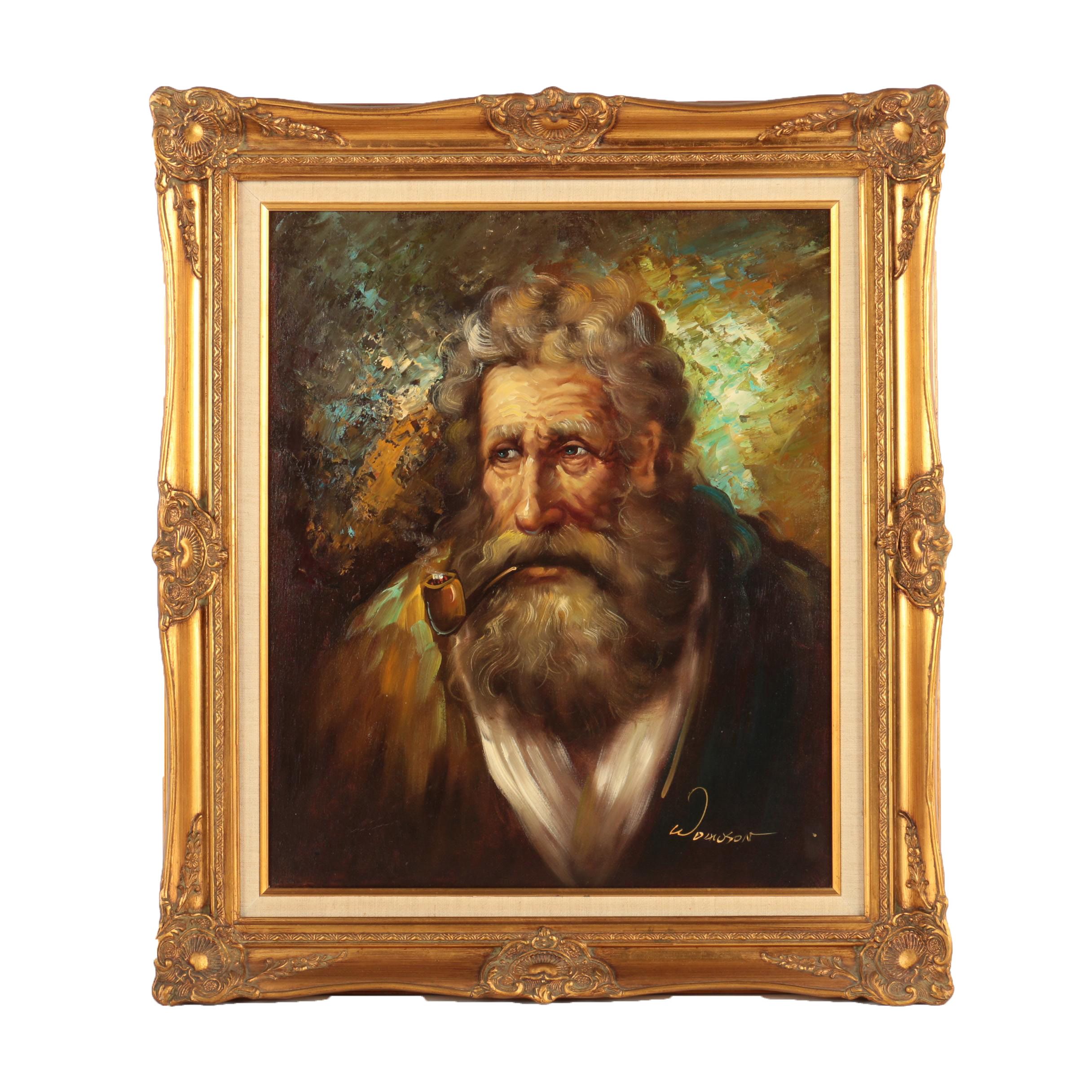 W. Dawson Oil Painting of Old Man Smoking Pipe