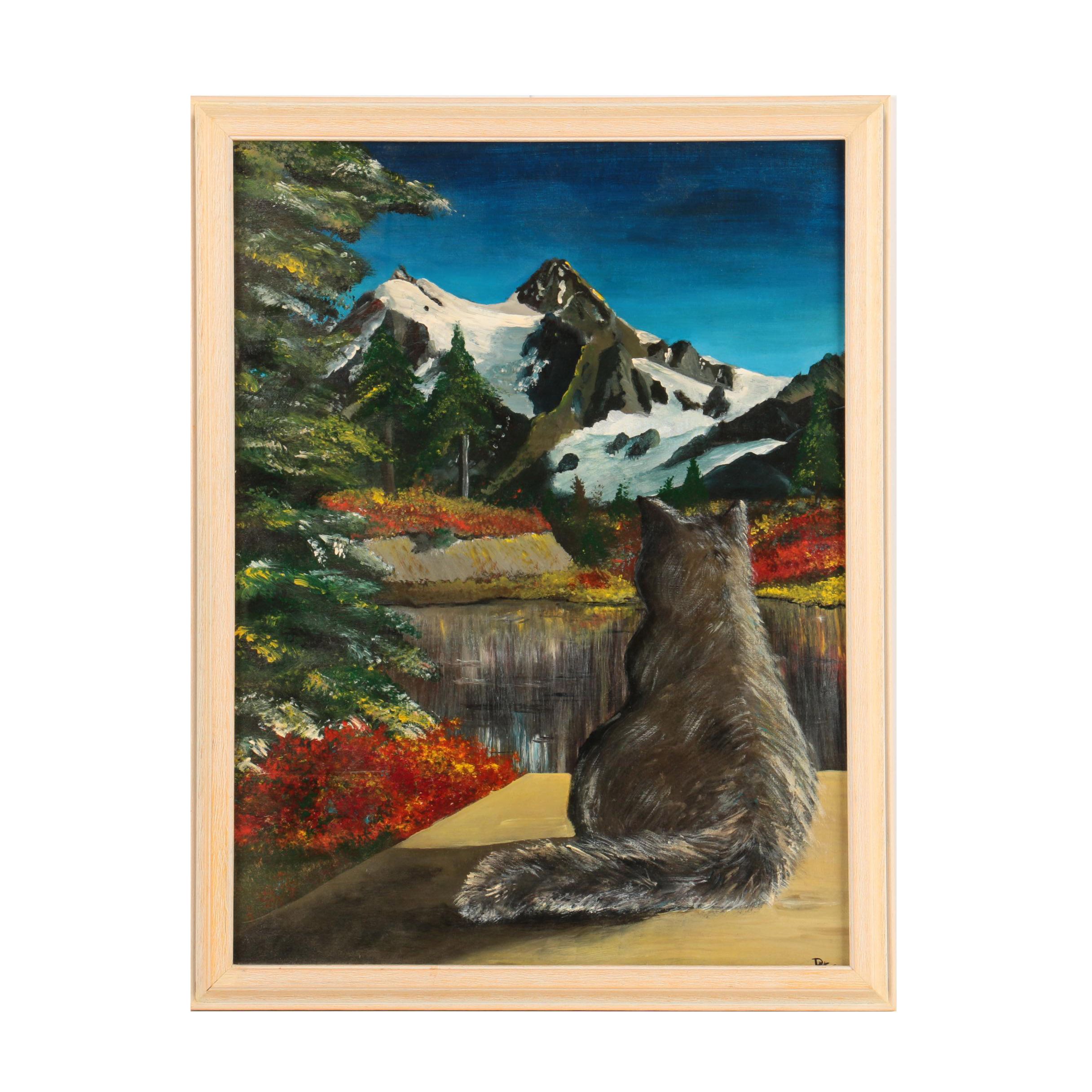 Oil Painting of a Cat Looking at a Landscape