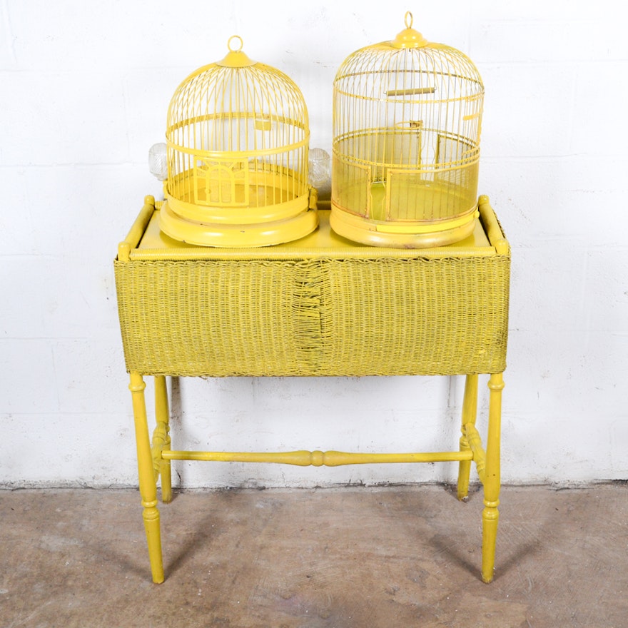 Wicker Table with Decorative Bird Cages