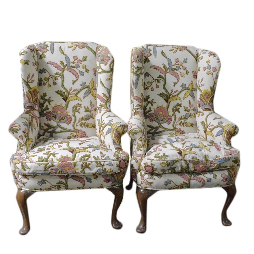 Pair of Wingback Chairs with Raised Embroidery