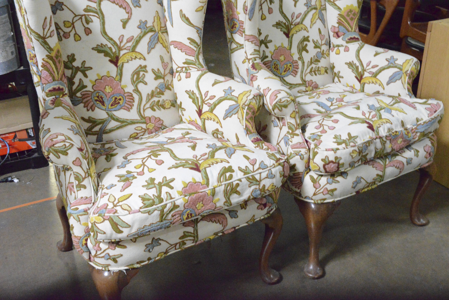 Pair of Wingback Chairs with Raised Embroidery