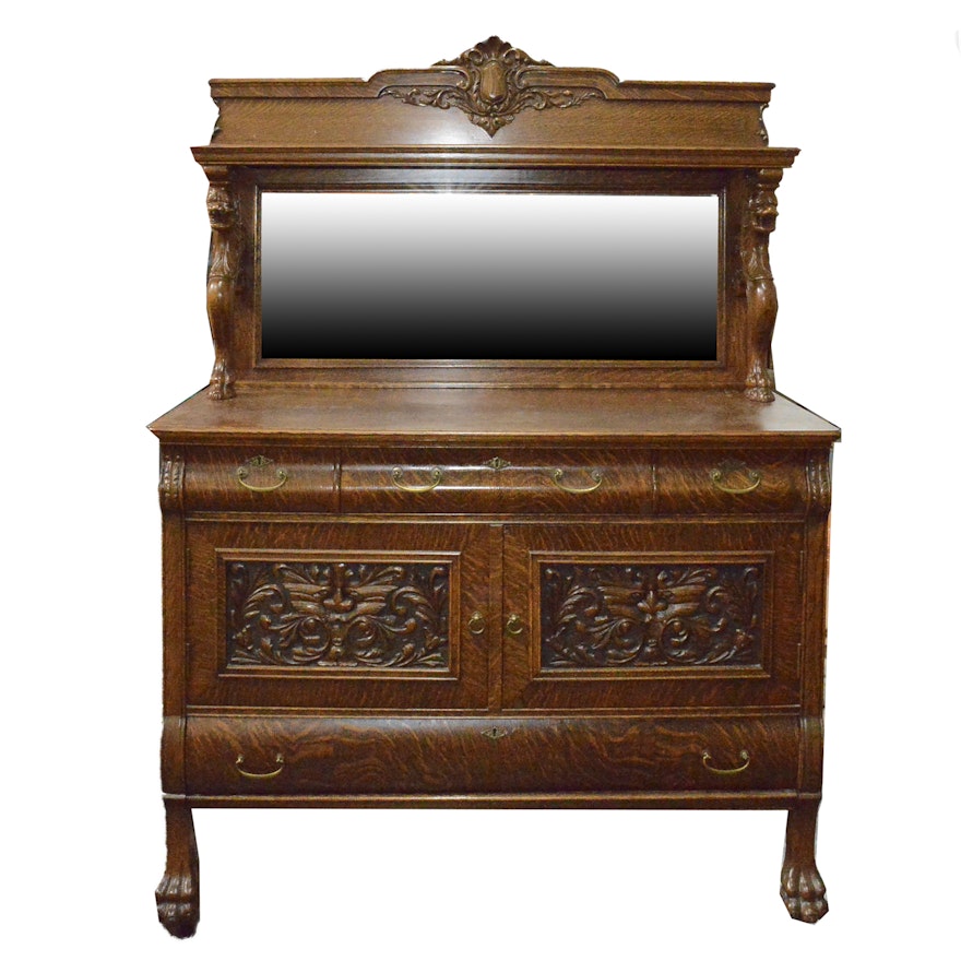 Antique Victorian Quarter Swan Oak Carved Sideboard