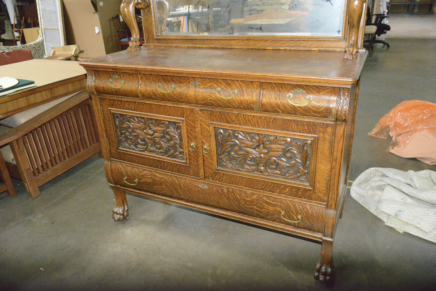 Antique Victorian Quarter Swan Oak Carved Sideboard