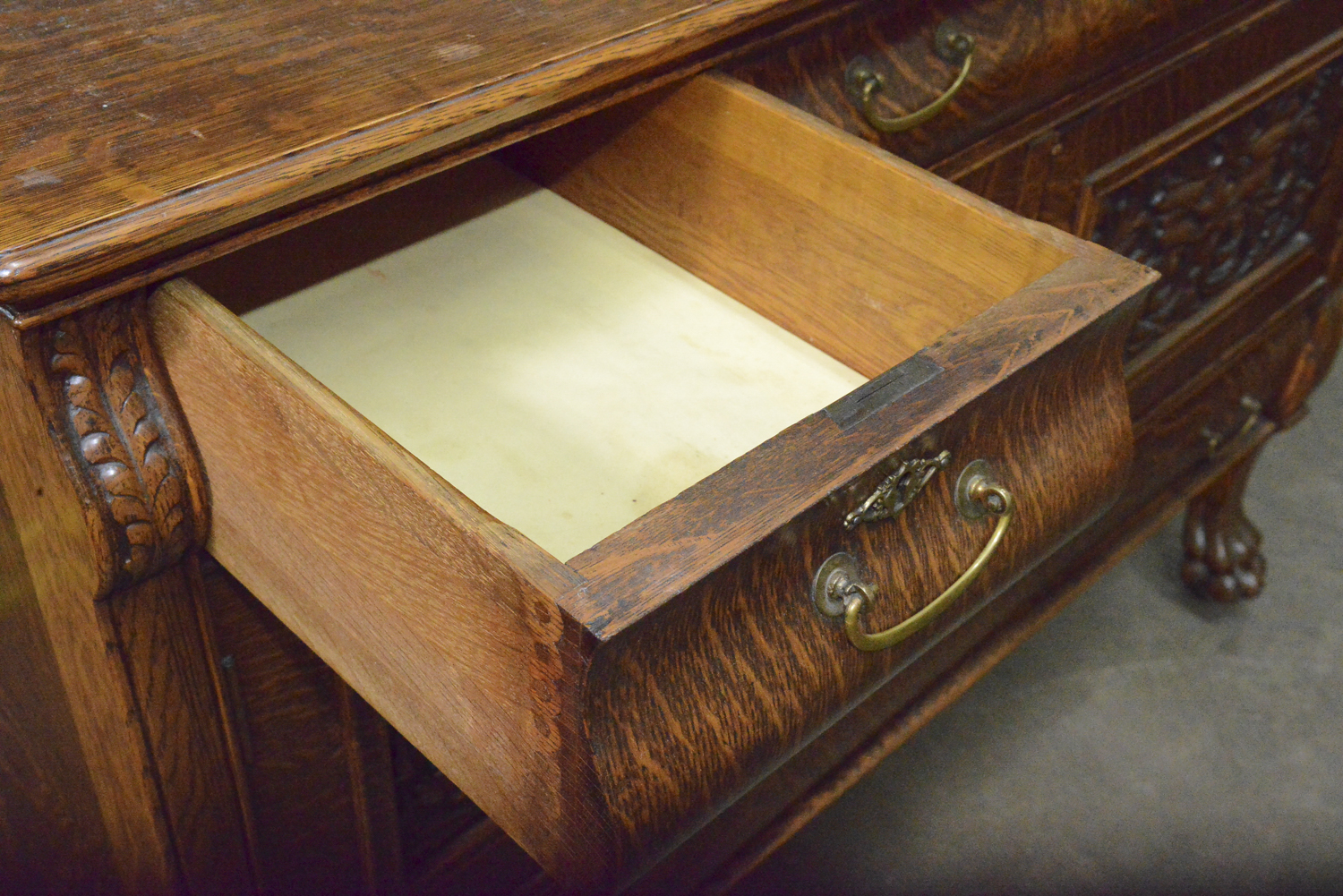 Antique Victorian Quarter Swan Oak Carved Sideboard
