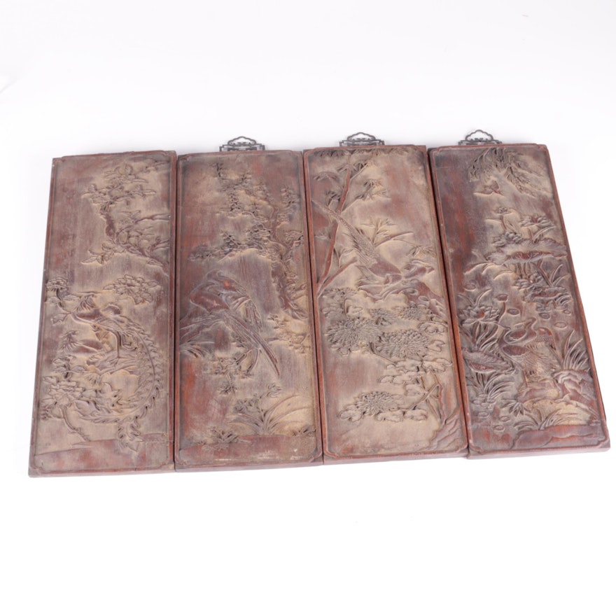 Set of Four  Asian Style Carved Wood Panels