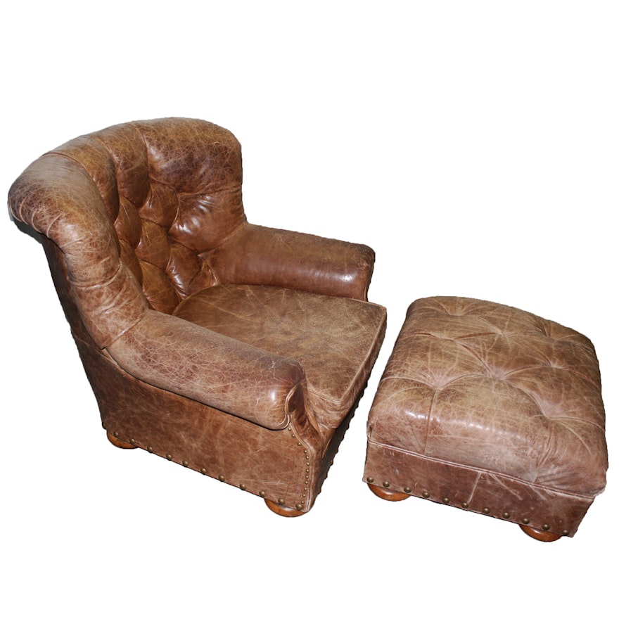 Vintage Leather Armchair with Ottoman