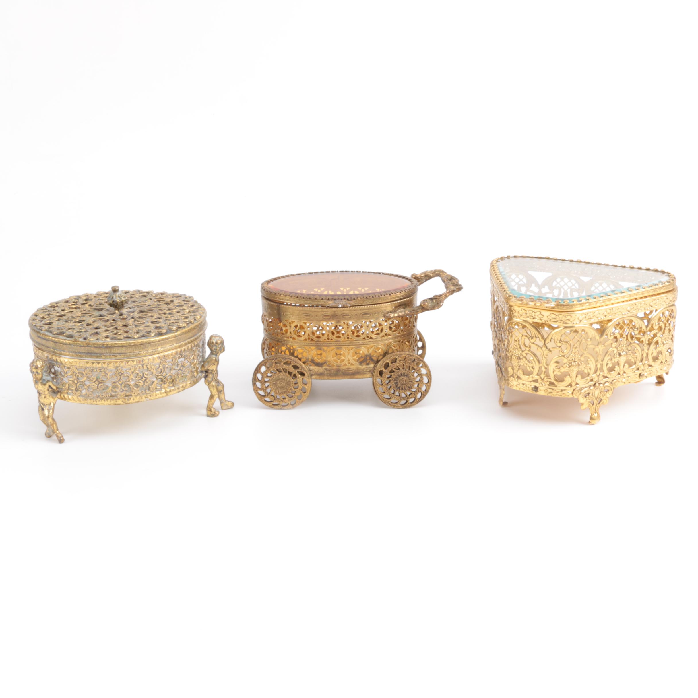 Hollywood Regency Gold Tone Reticulated Vanity Boxes