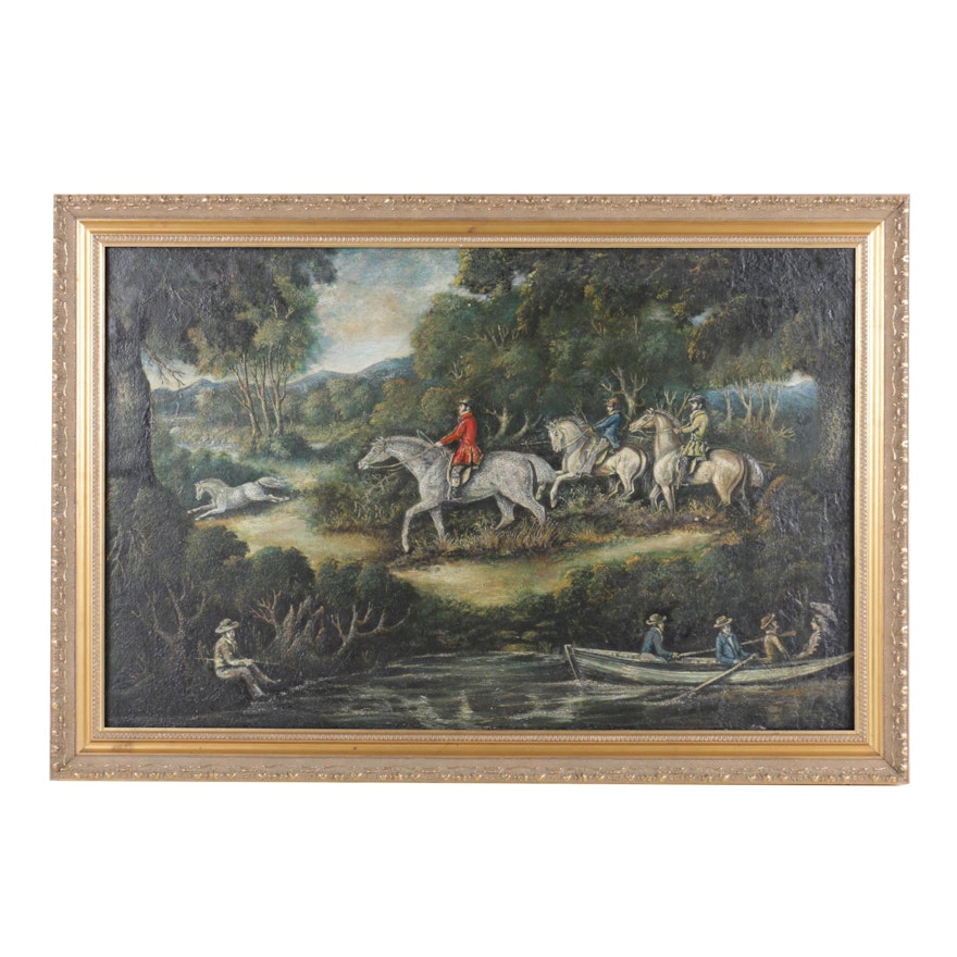 Antique Oil Painting on Canvas of an English Genre Scene