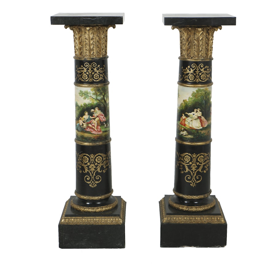 Vintage Classical Style Ebonized and Parcel-Gilt Pedestals with Marble Terminals