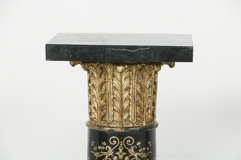 Vintage Classical Style Ebonized and Parcel-Gilt Pedestals with Marble Terminals