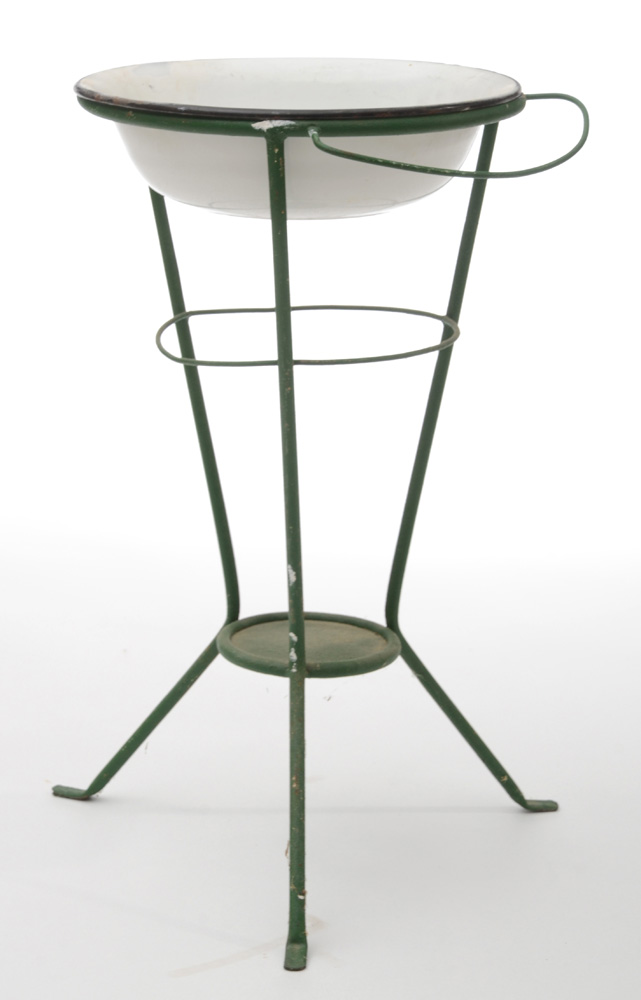 Vintage Enameled Metal Wash Basin on Painted Cast Iron Stand