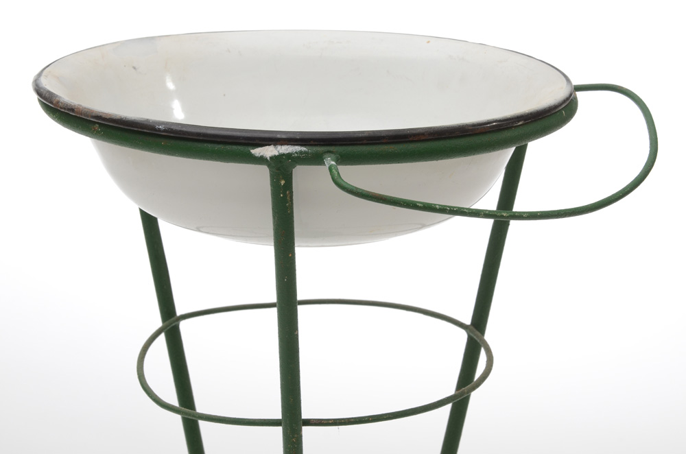 Vintage Enameled Metal Wash Basin on Painted Cast Iron Stand