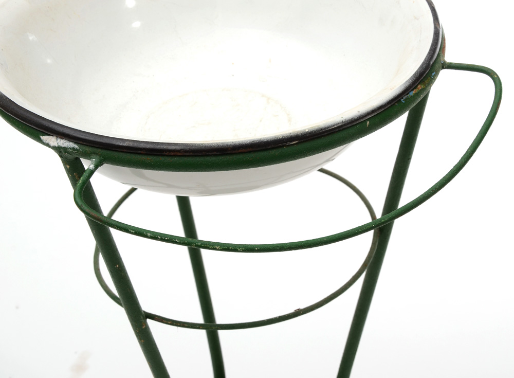 Vintage Enameled Metal Wash Basin on Painted Cast Iron Stand