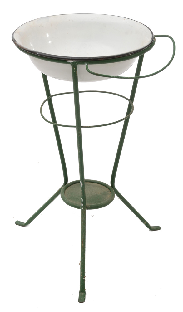 Vintage Enameled Metal Wash Basin on Painted Cast Iron Stand