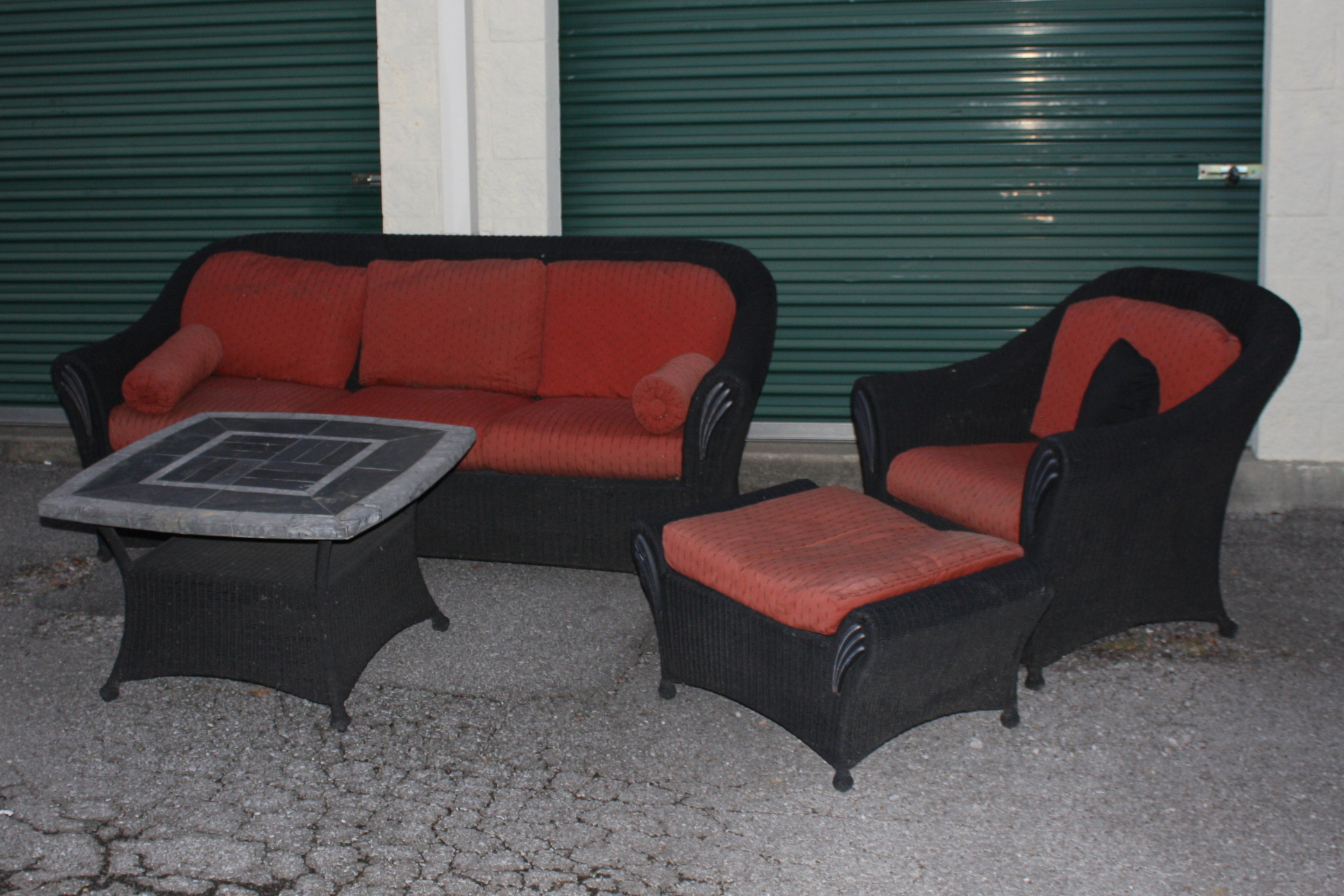 Outdoor Wicker Sofa, Table, and Chair with Ottoman