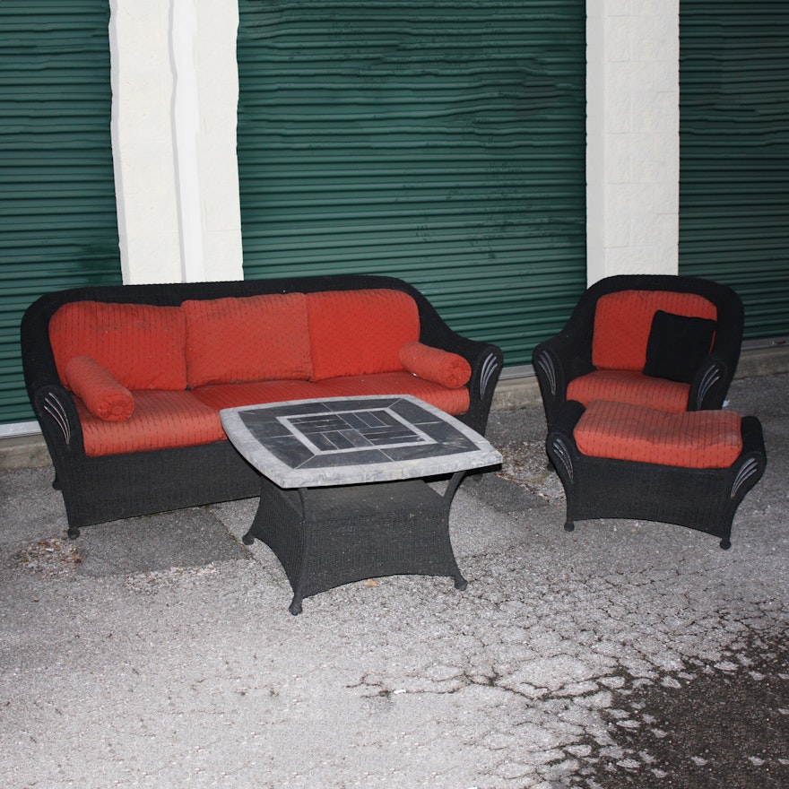Outdoor Wicker Sofa, Table, and Chair with Ottoman