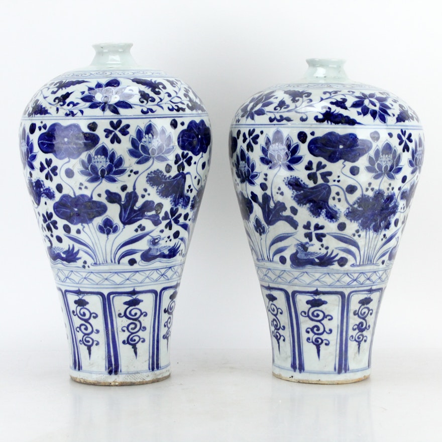 Pair of Blue on White Chinoiserie Vases