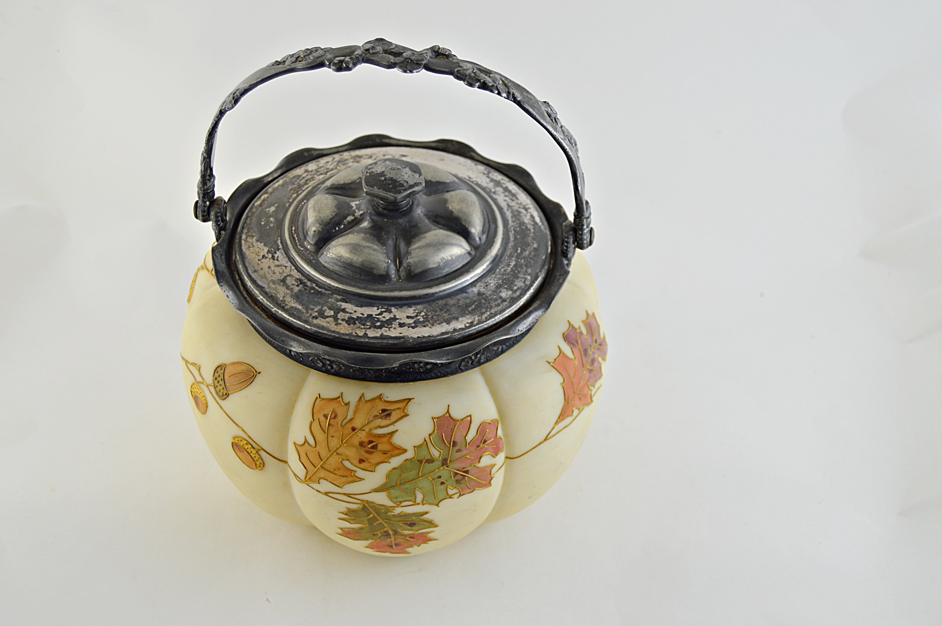 Mount Washington Smith Bros. Satin Art Glass Biscuit Jar with Silver Plate Lid