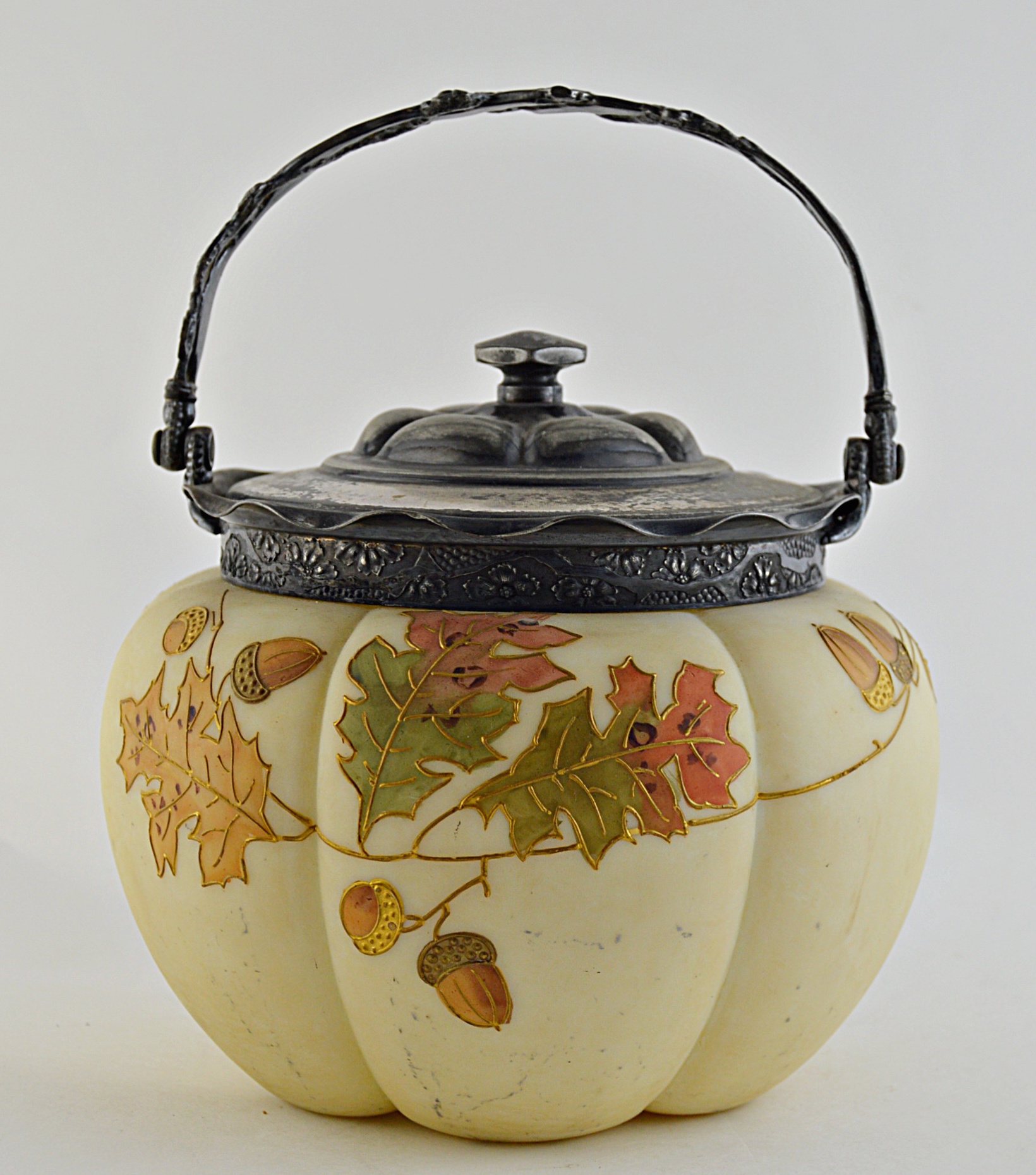 Mount Washington Smith Bros. Satin Art Glass Biscuit Jar with Silver Plate Lid