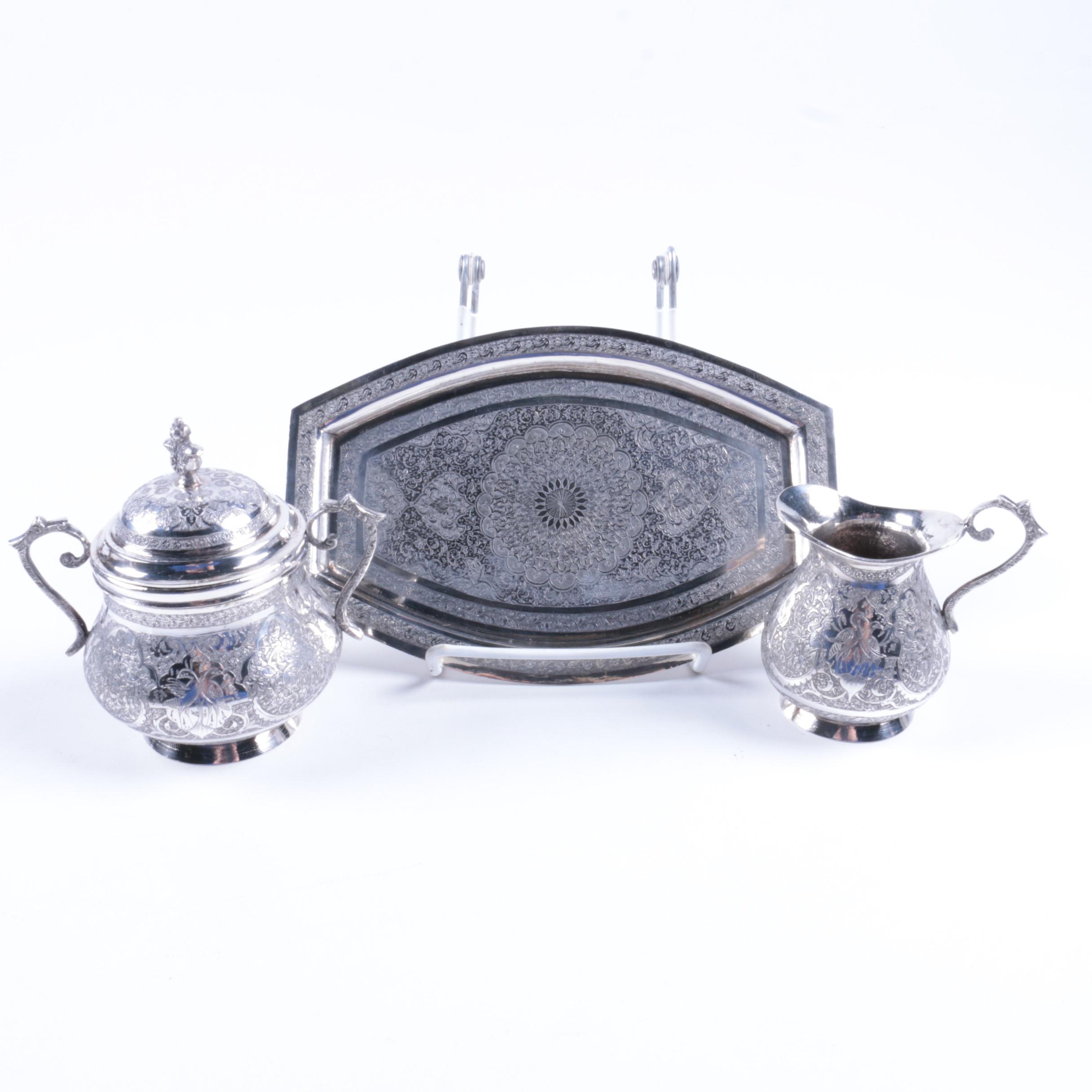 Iranian Hand Etched 800 Silver Sugar Bowl and Creamer Set