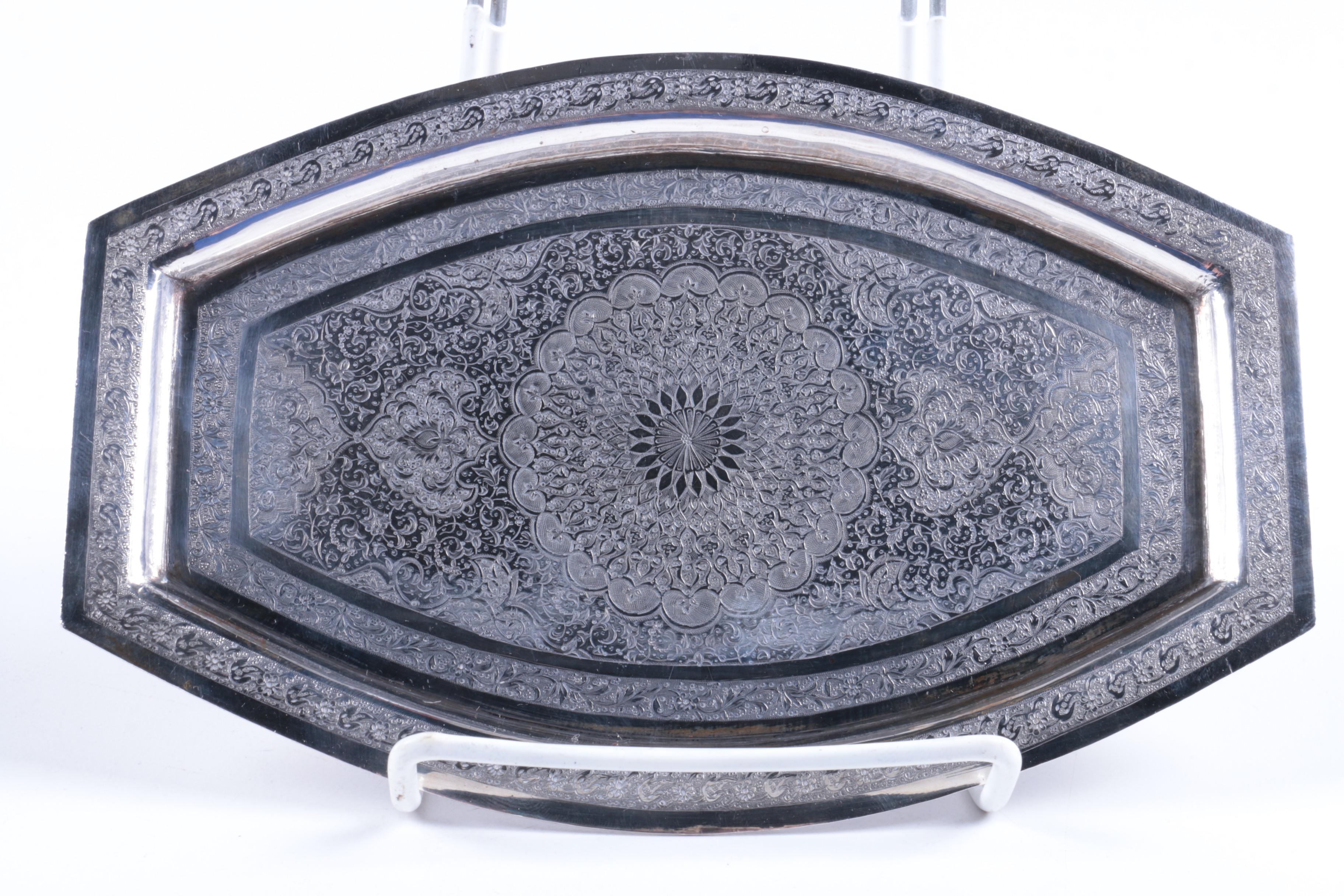 Iranian Hand Etched 800 Silver Sugar Bowl and Creamer Set