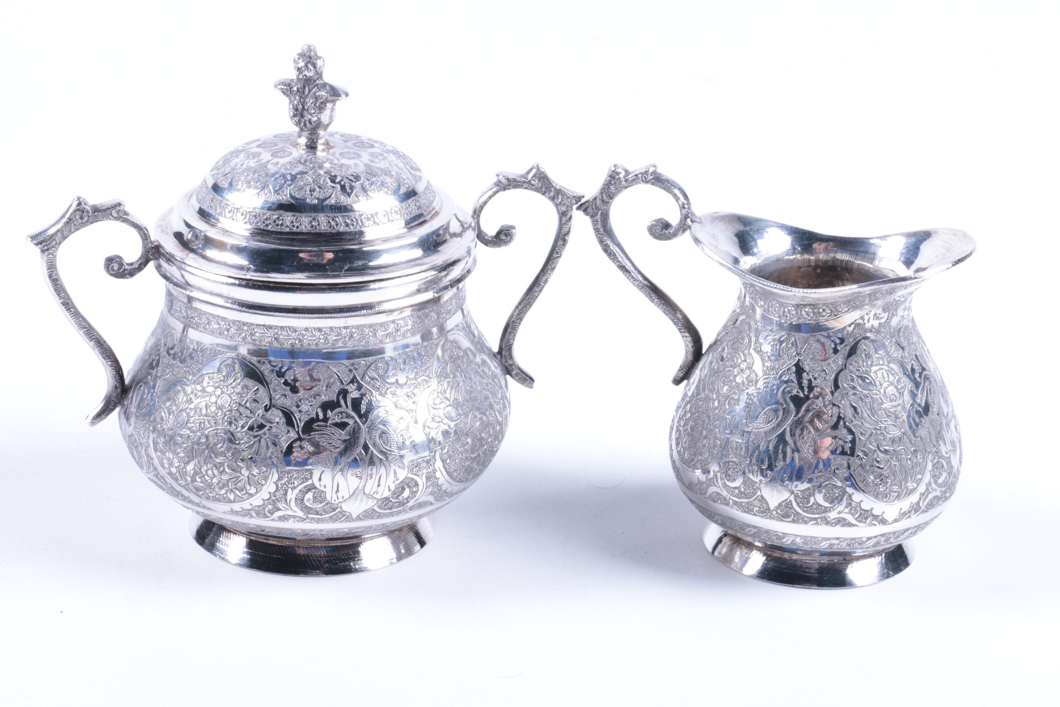 Iranian Hand Etched 800 Silver Sugar Bowl and Creamer Set