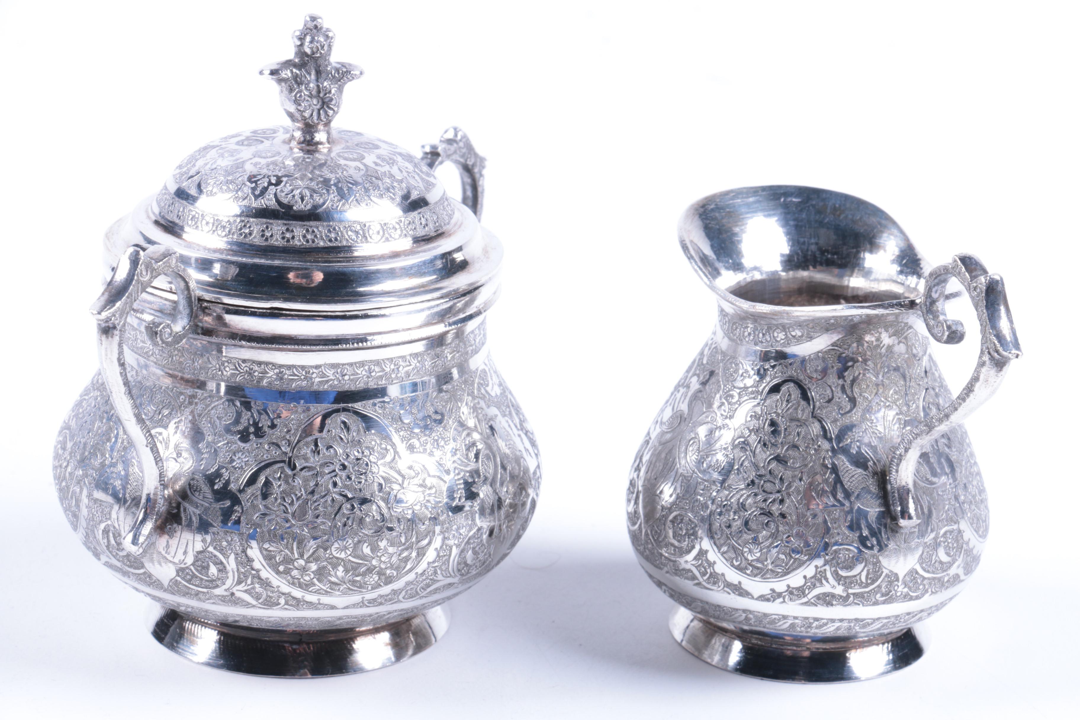 Iranian Hand Etched 800 Silver Sugar Bowl and Creamer Set