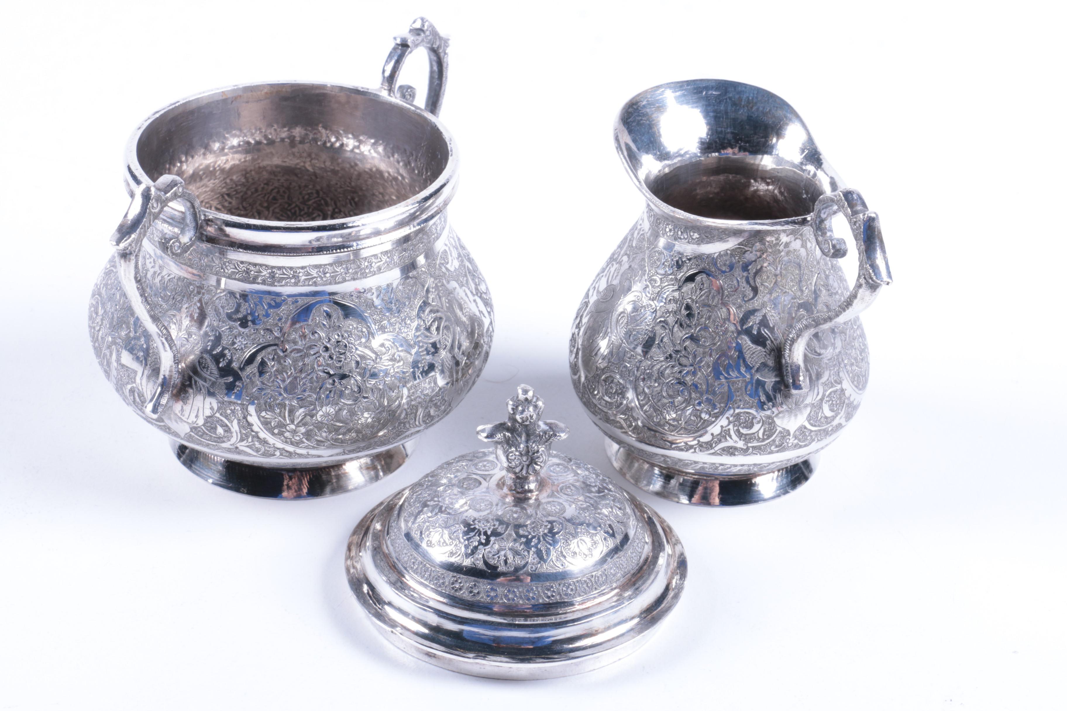 Iranian Hand Etched 800 Silver Sugar Bowl and Creamer Set