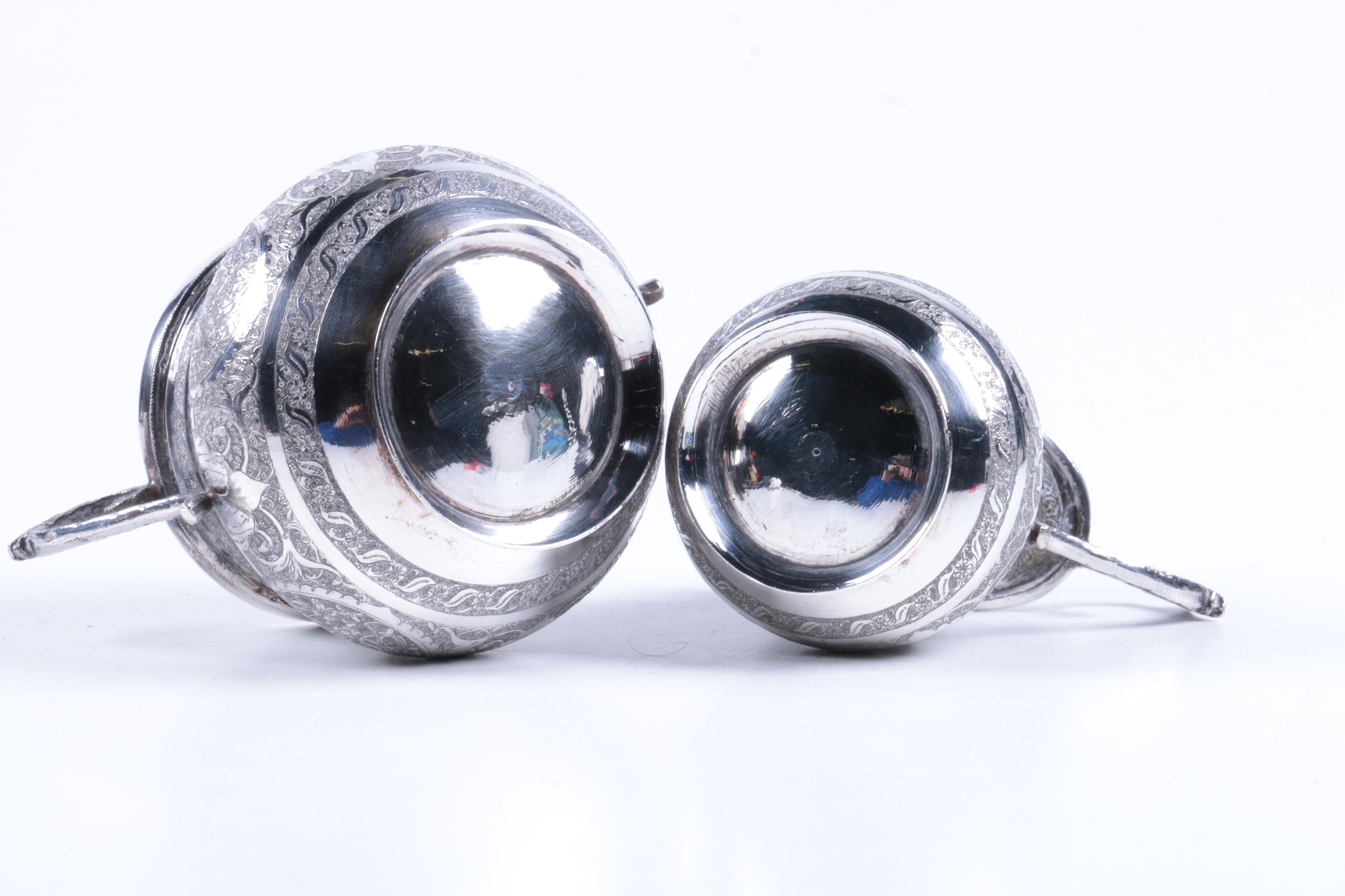Iranian Hand Etched 800 Silver Sugar Bowl and Creamer Set