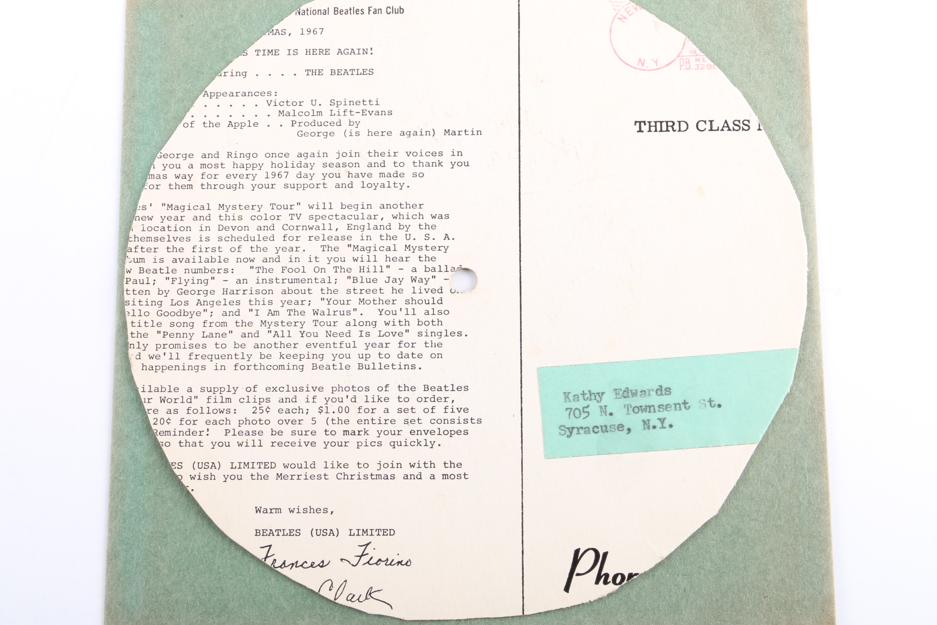 The Beatles "Season's Greetings" 1967 Fan Club One-Sided Flexi Disc
