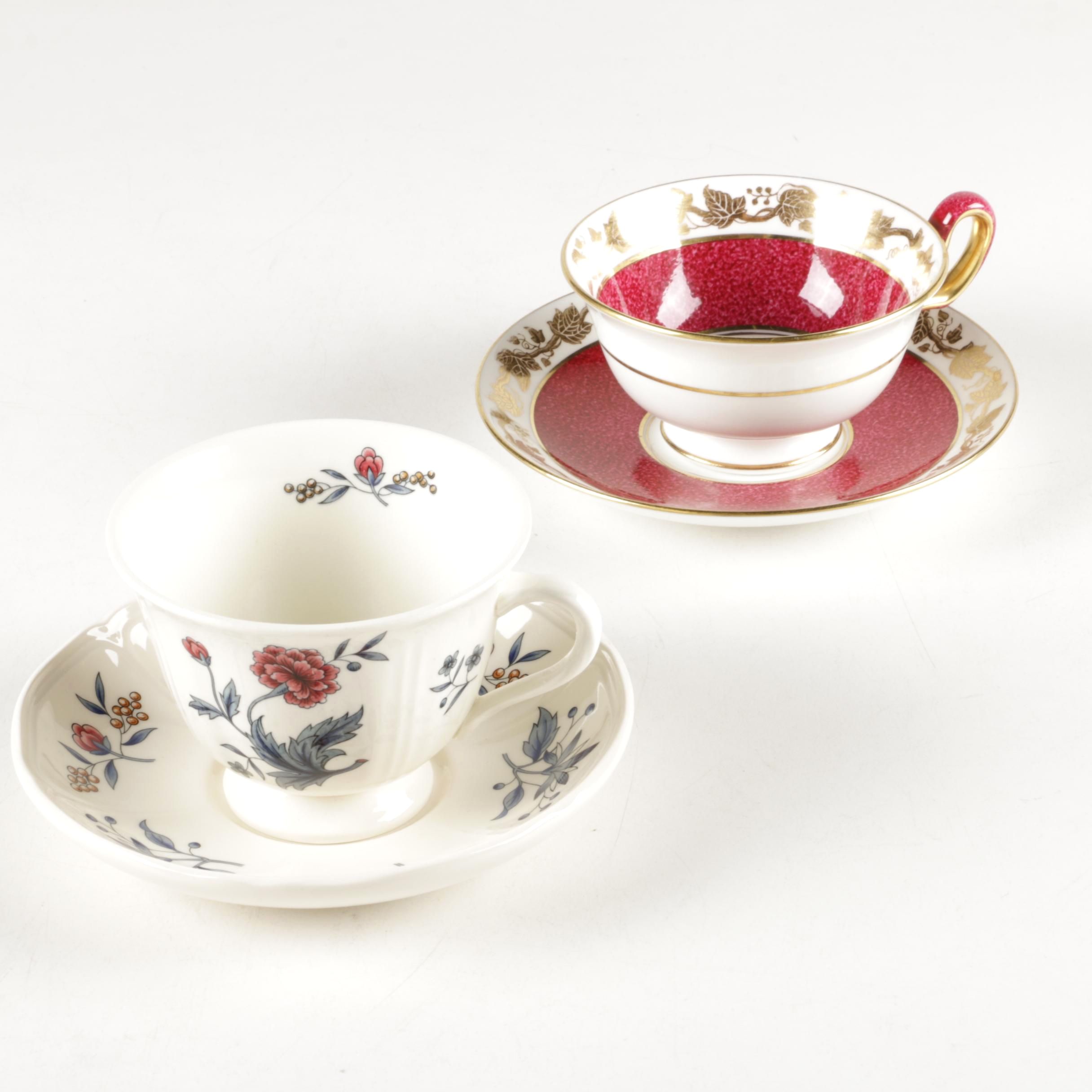 Wedgwood Porcelain Teacups and Saucers Featuring "Williamsburg Potpourri"