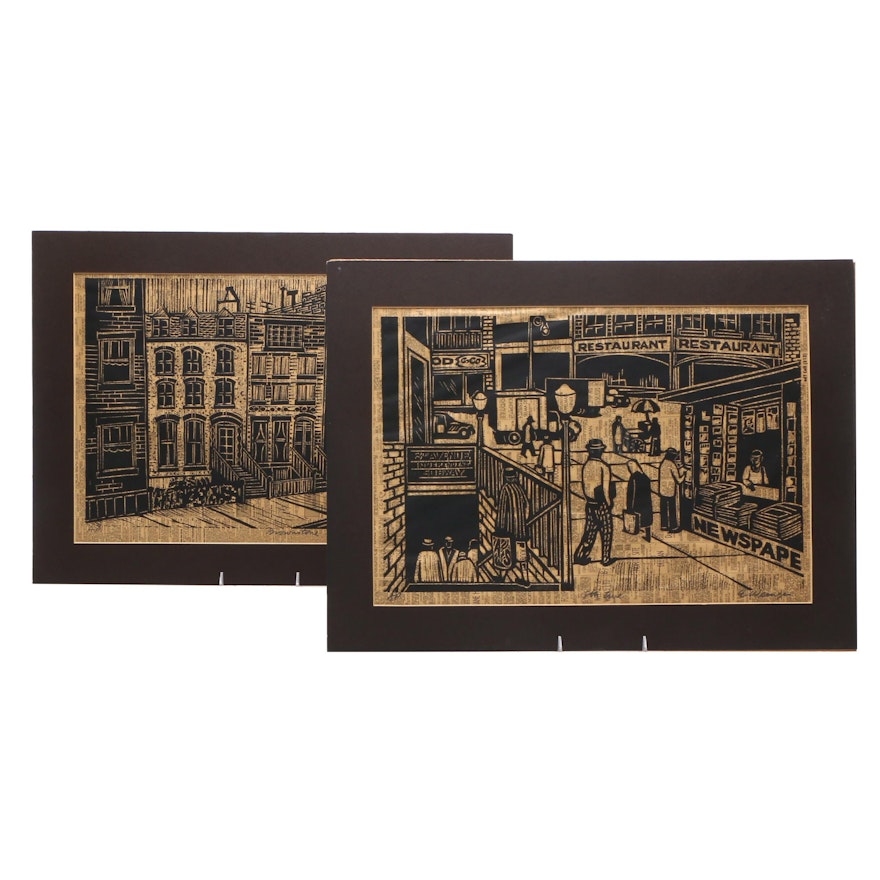 Weinger Artist's Proof Woodcuts on Newsprint "8th Ave" and "Brownstone"