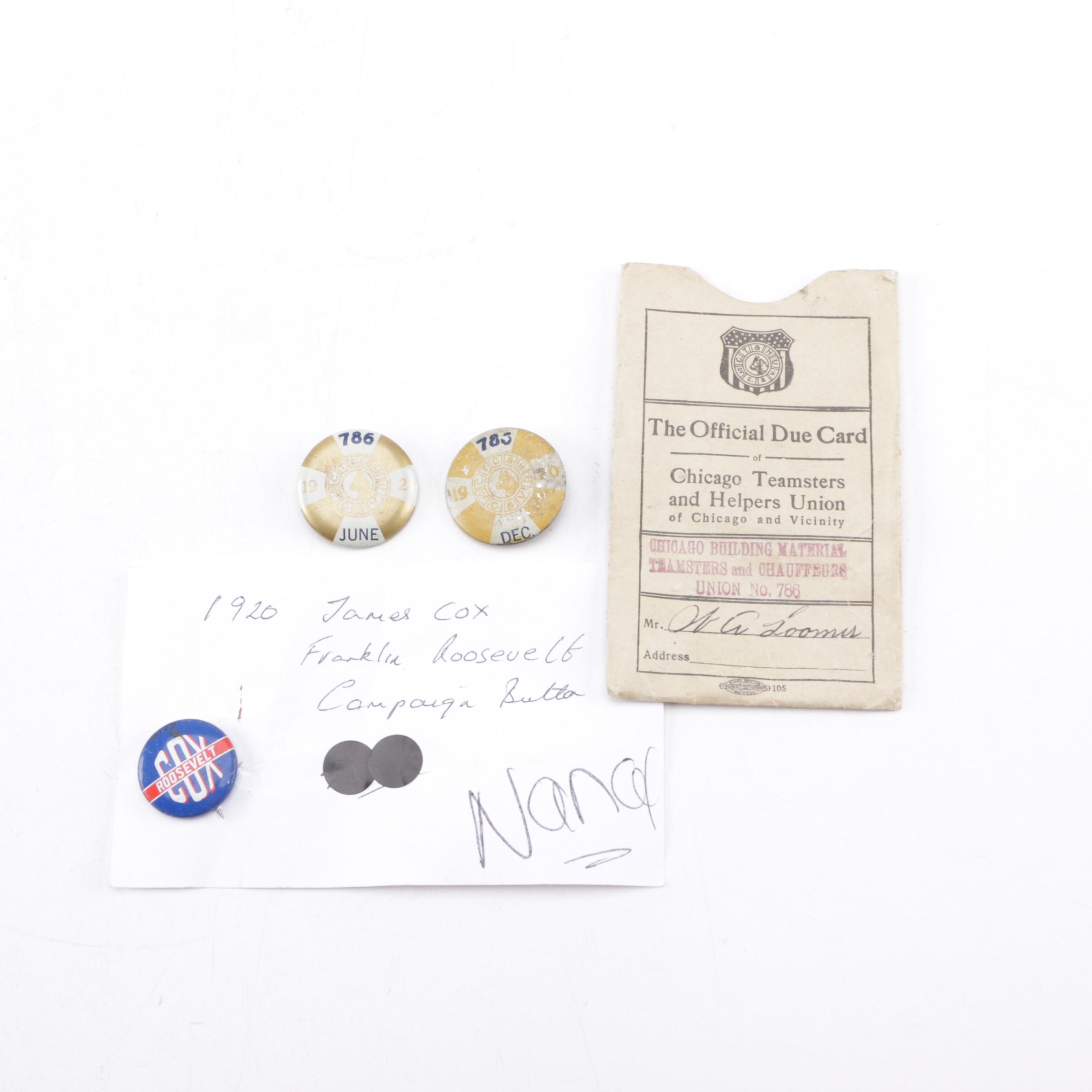 Cox/Roosevelt Campaign Button and Chicago Teamsters Union Ephemera