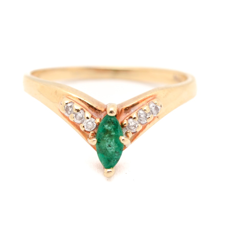 14K Yellow Gold Natural Emerald Diamond "V" Shaped Ring