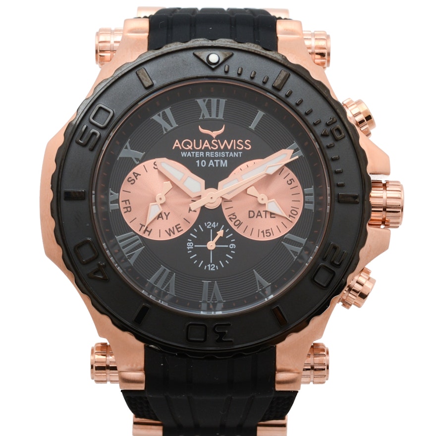 Aquaswiss Bolt 5H Rose-Tone Stainless Steel and Black Rubber Wristwatch