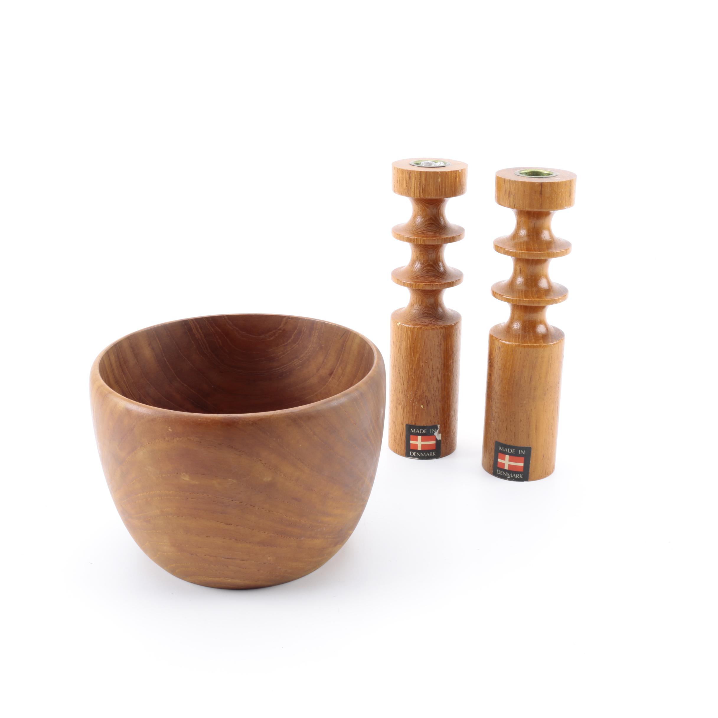 Scandinavian Teak Wood Bowl Circa 1970s with Danish Candlesticks