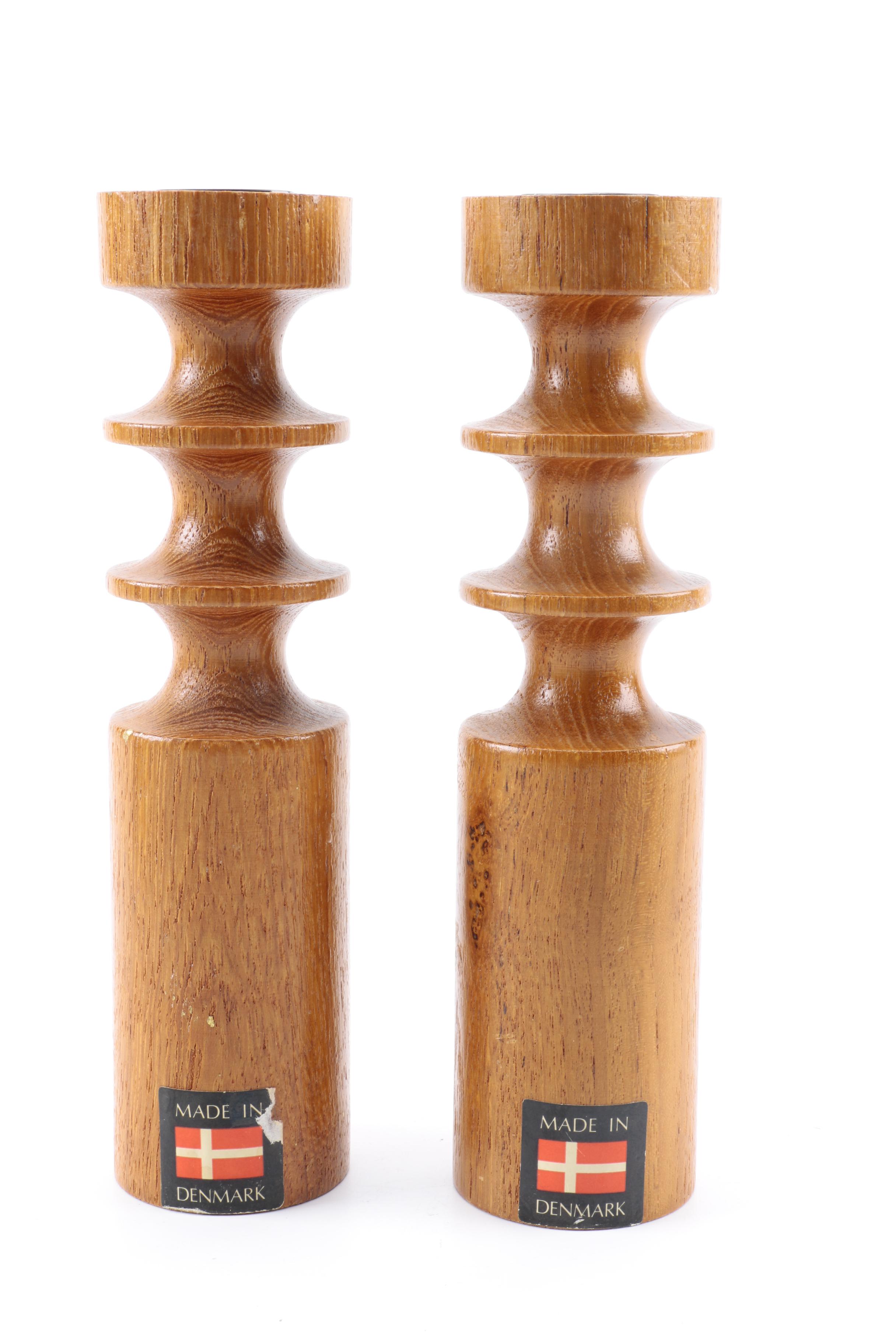 Scandinavian Teak Wood Bowl Circa 1970s with Danish Candlesticks