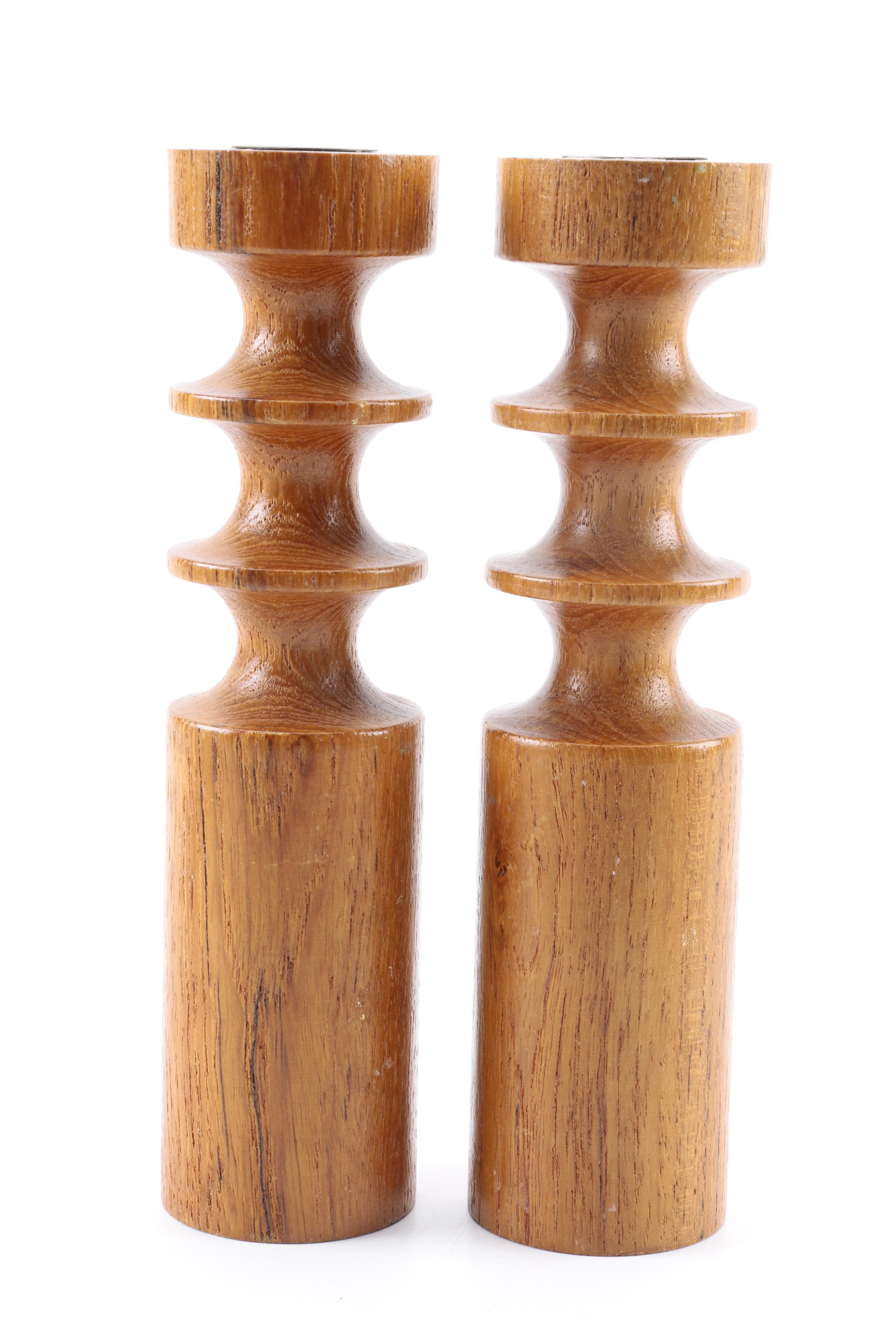 Scandinavian Teak Wood Bowl Circa 1970s with Danish Candlesticks
