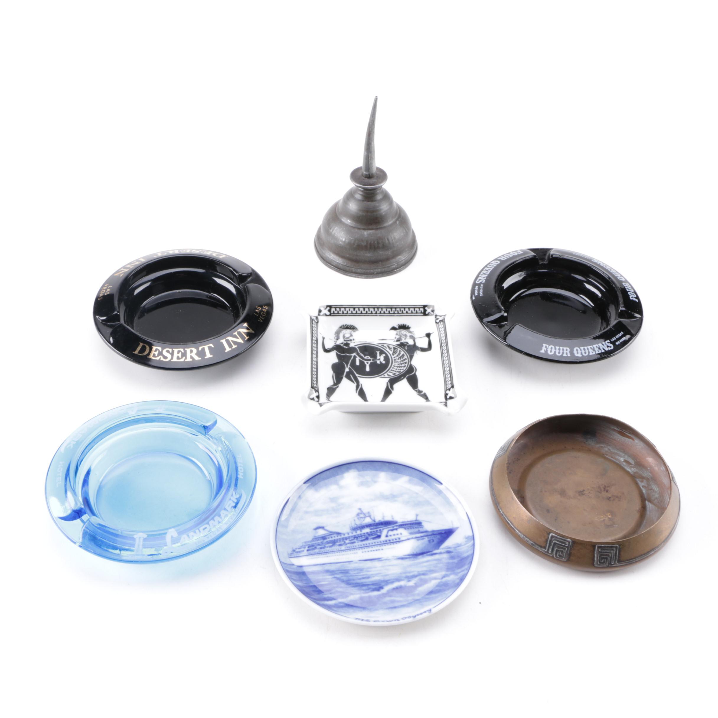 Oil Can, Souvenir Plate, and Ashtrays Including Las Vegas Collectibles