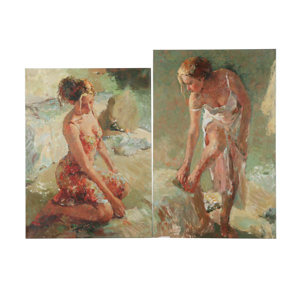 Hua Chen Limited Edition Prints on Canvas "Leisure Time" and "After the Bath"