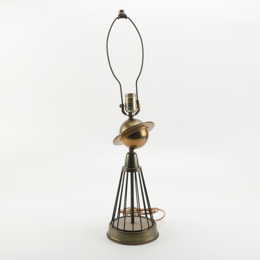 Mid Century Modern Brass and Metal Saturn Table Lamp
