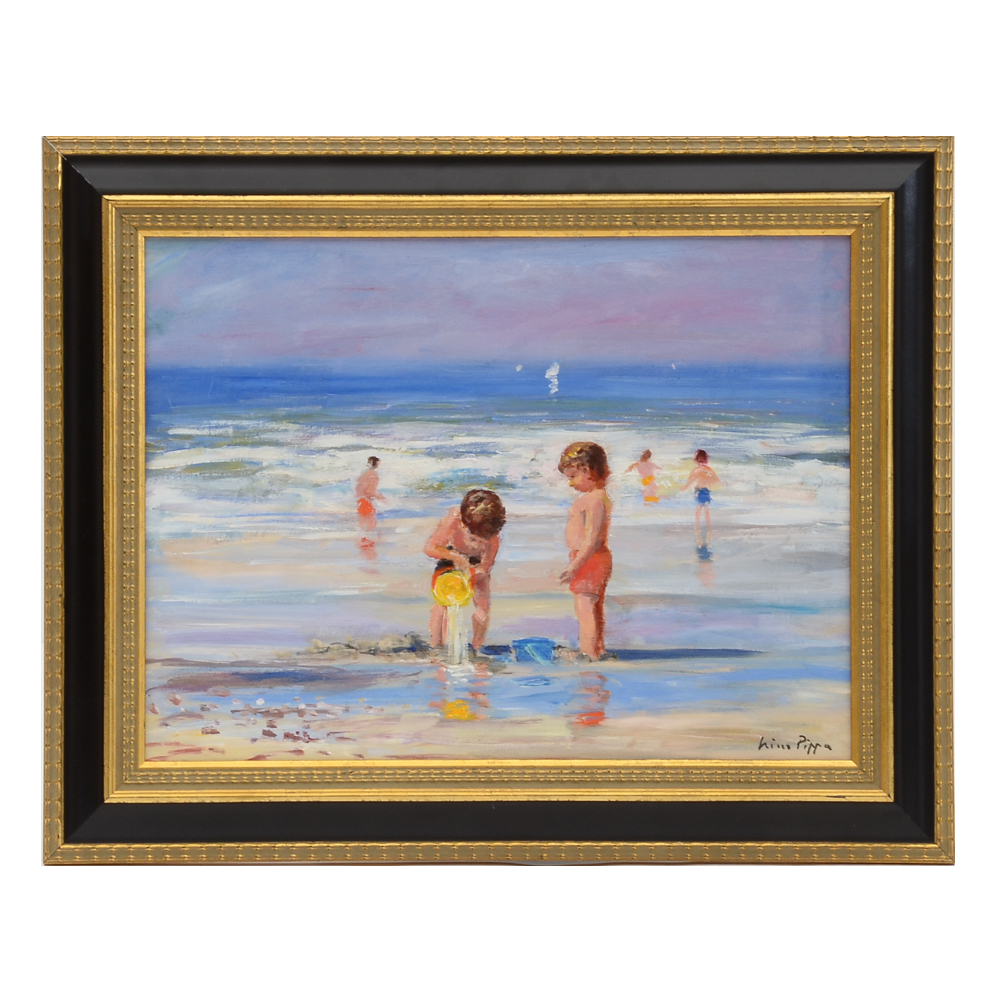 Nino Pippa Oil Painting on Board "Seattle - Children Playing on the Seashore"